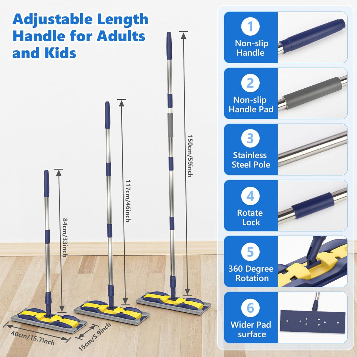 MEXERRIS Microfiber Flat Mop for Hardwood Laminate Tile Floor Cleaning: Stainless Steel Handle - 4
