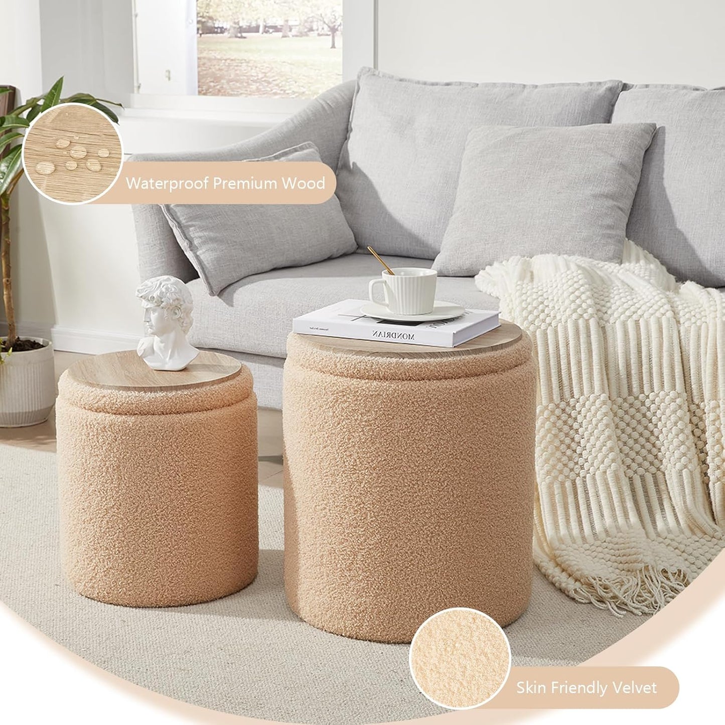 Boucle Round Ottoman with Storage Set of 2,Small Foot Stool Ottoman for Living Room, Small Coffee