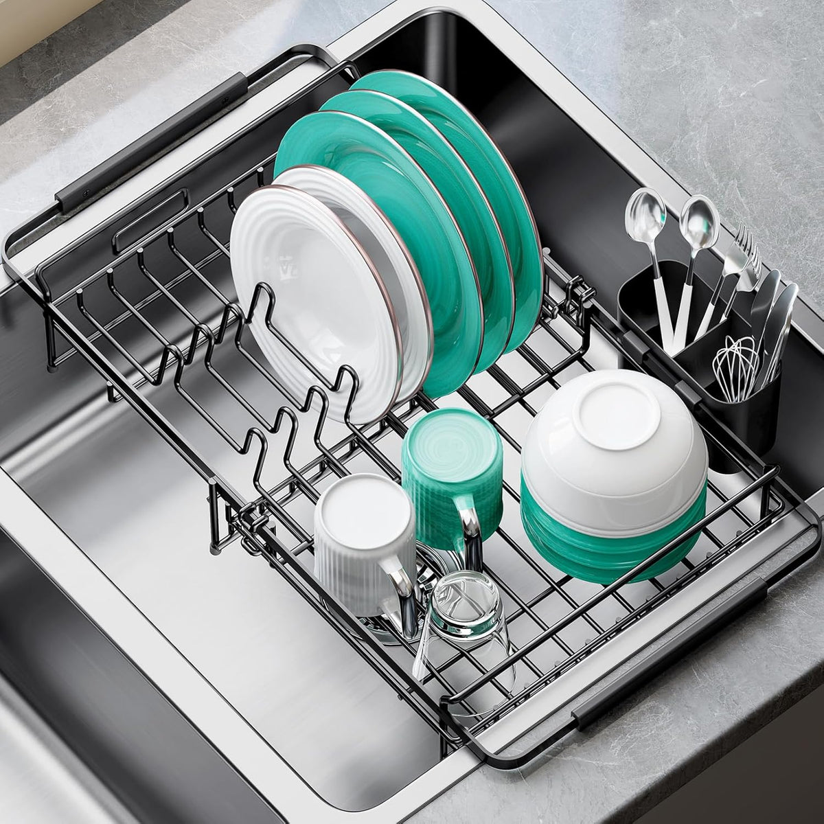 Dish Drying Rack in Sink - Expandable (14.5''-18''L) Over The Sink Dish Rack with Utensil Holder