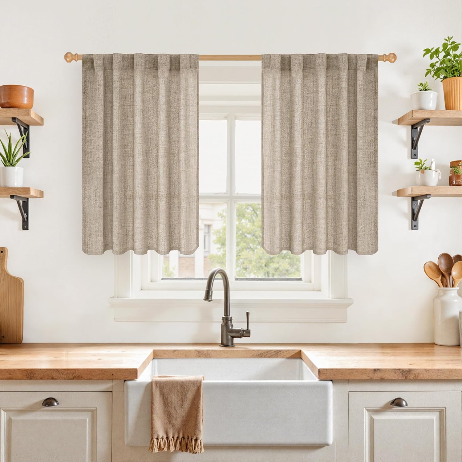 YoungsTex 36 Inch Length Linen Semi Sheer Curtains for Kitchen Cafe Window, Short Light Filtering