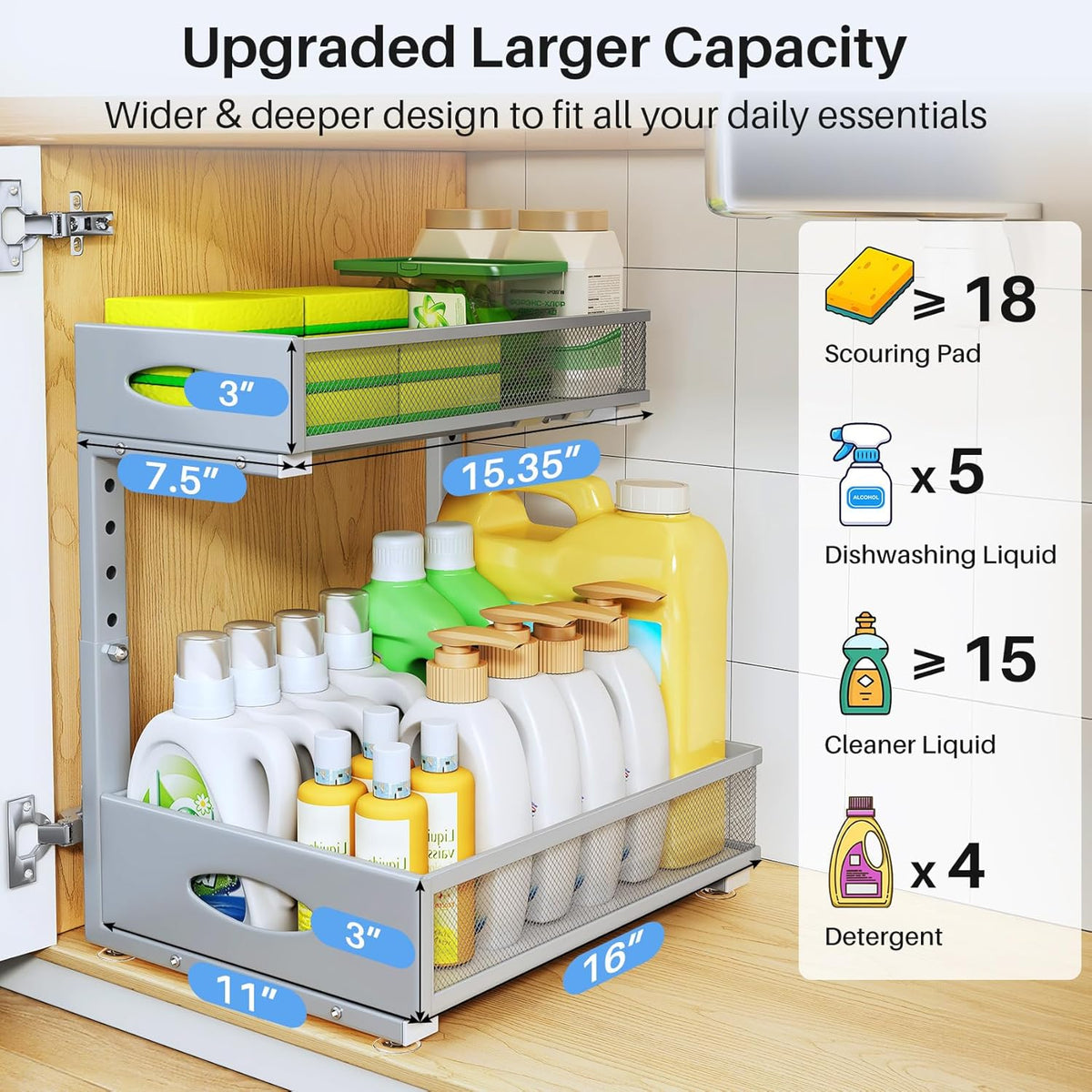 Under Sink Organizer, 2 Tier Pull Out Under Cabinet Organizer Shelf with Pad for Framed Cabinets
