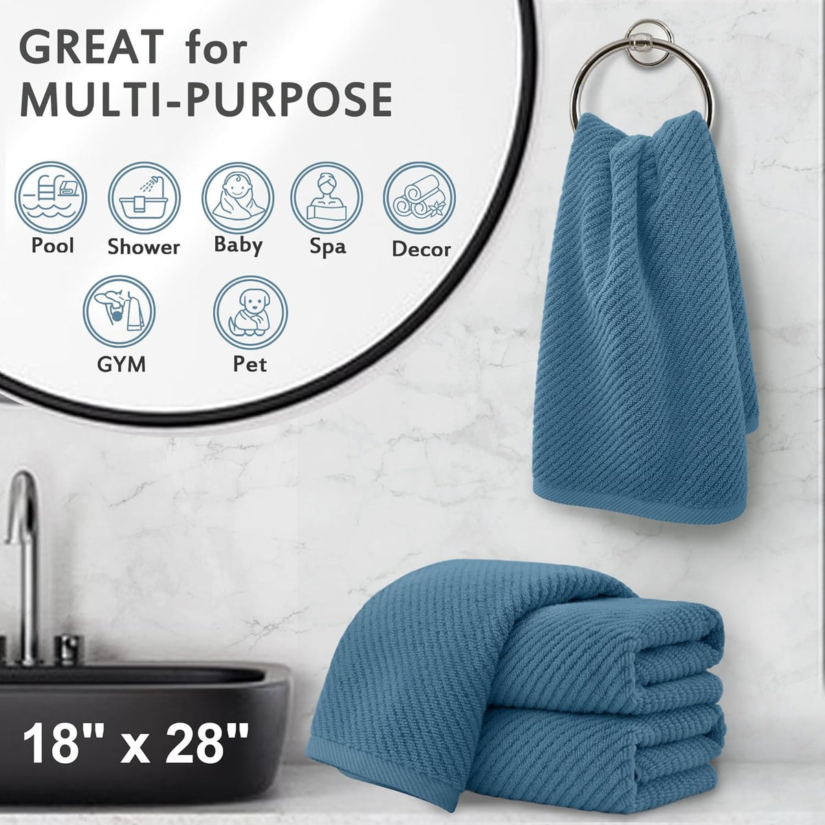 VOOVA & MOVAS Hand Towels for Bathroom Set of 4, Large 18" x 28", 100% Cotton | Lightweight | Thick