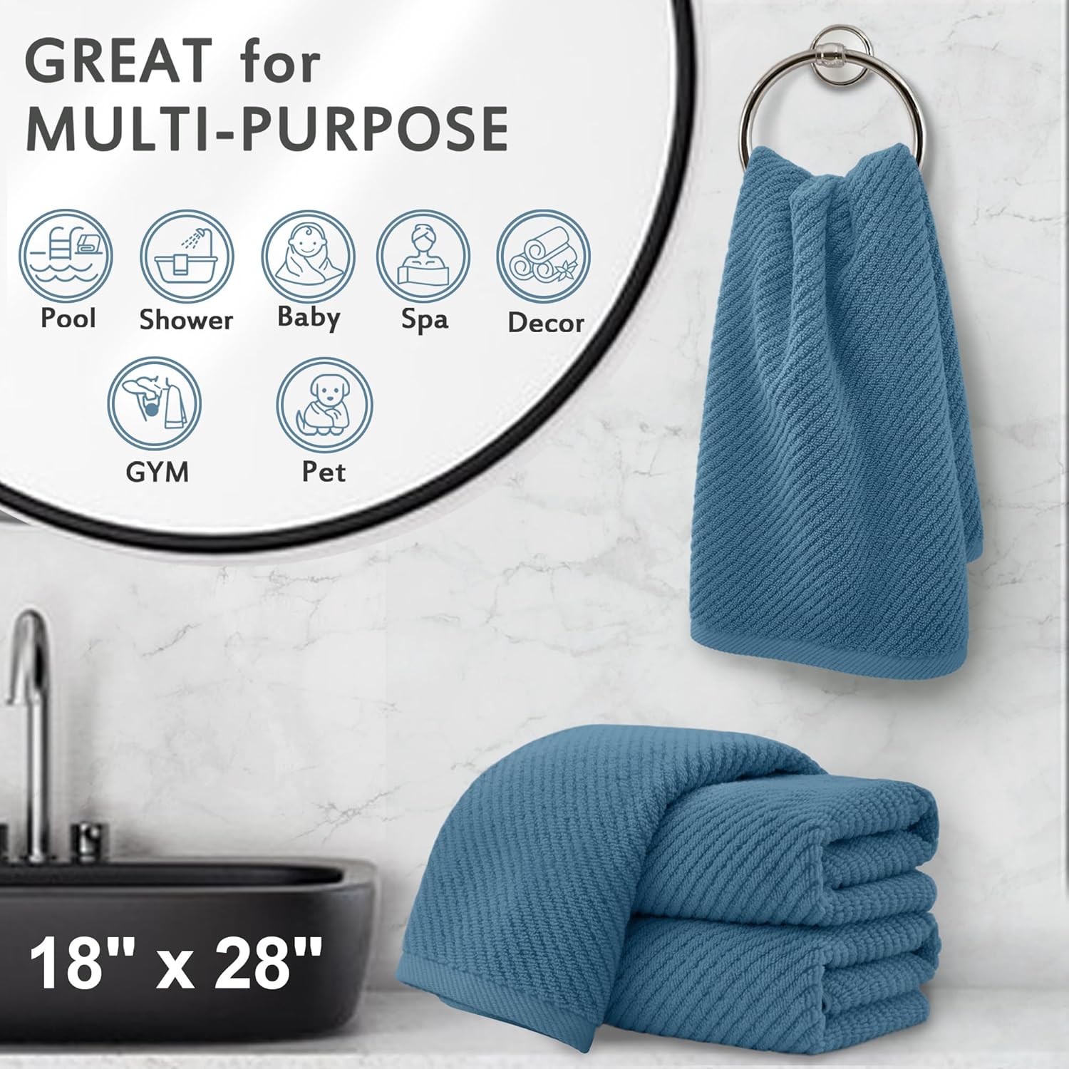 VOOVA & MOVAS Hand Towels for Bathroom Set of 4, Large 18" x 28", 100% Cotton | Lightweight | Thick