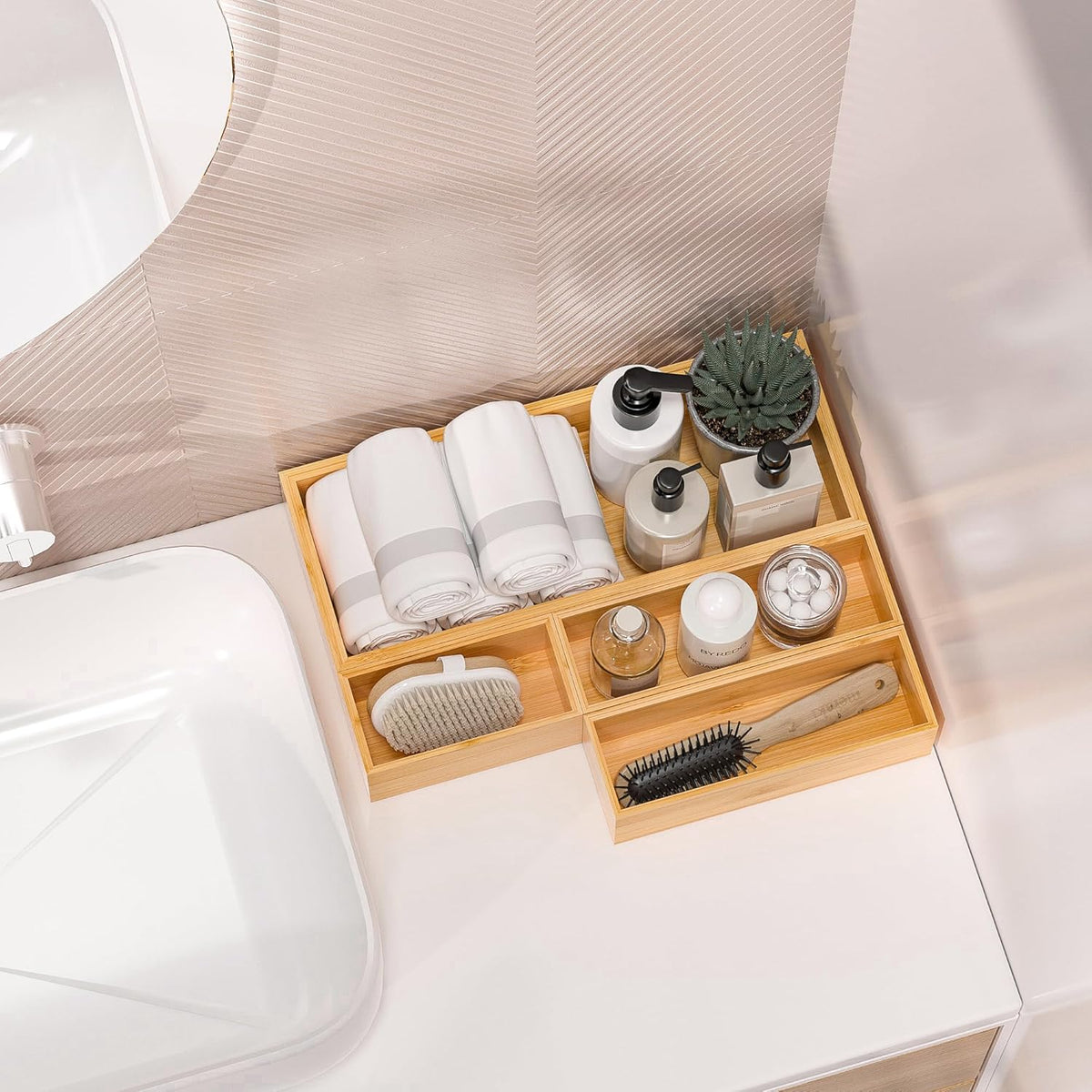 Kitchen Drawer Organizer Bins, Stackable Bamboo Deep Drawer Organizer for Silverware, Utensils