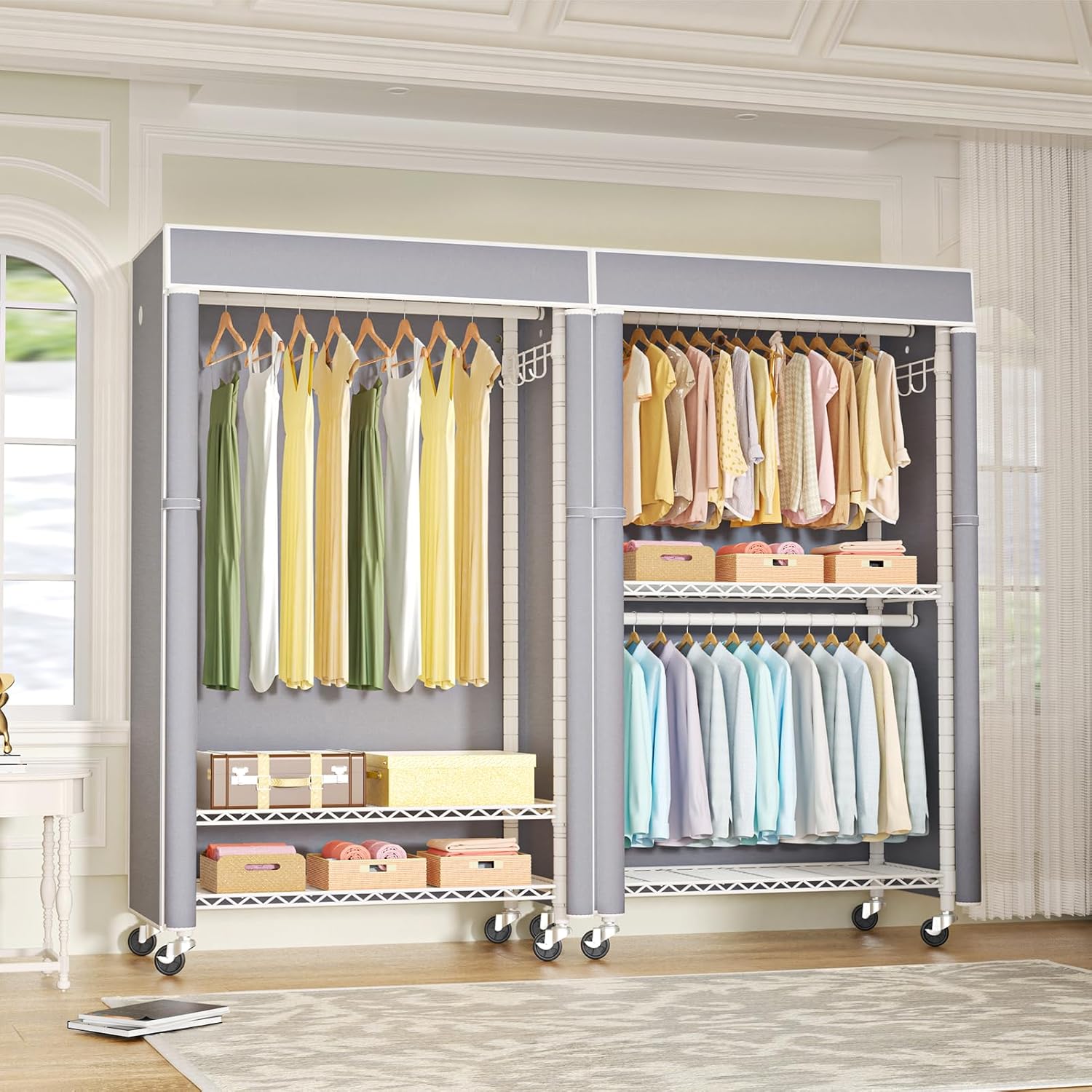 FUTASSI White Clothing Rack with Grey Cover, P1C Rolling Closet Rack with Wheels, Metal Garment