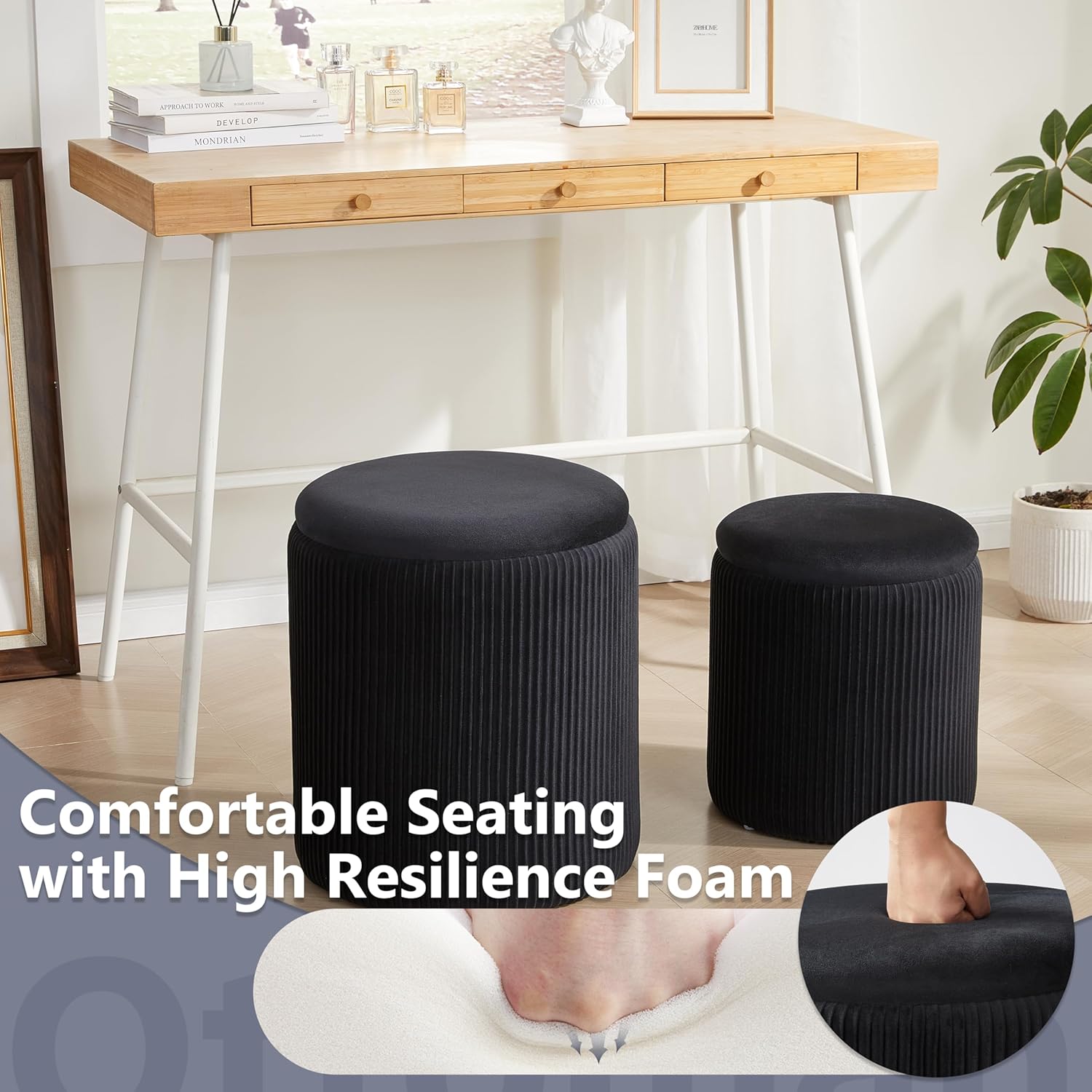 Royal Windsor Round Ottoman with Storage Set of 2,Vanity Stool with Storage for Bedroom, Ottoman