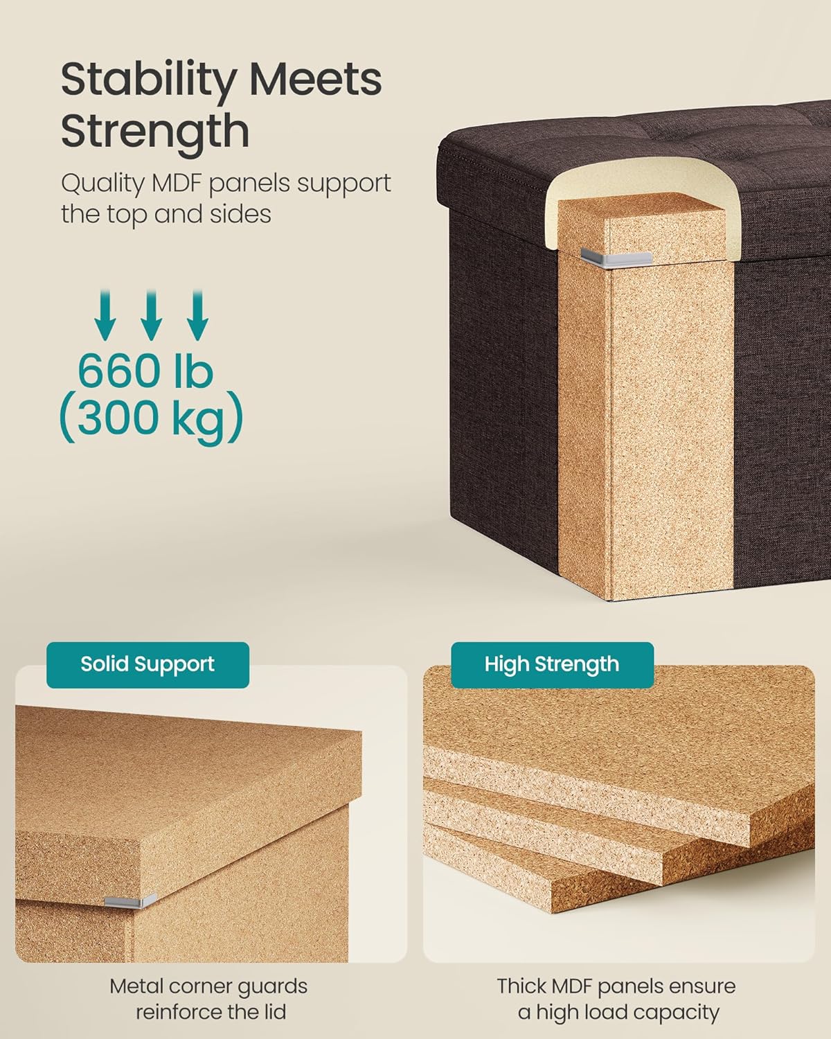 SONGMICS MAZIE Collection - 43 Inches Folding Storage Ottoman Bench, Ottoman Foot Rest, End of Bed