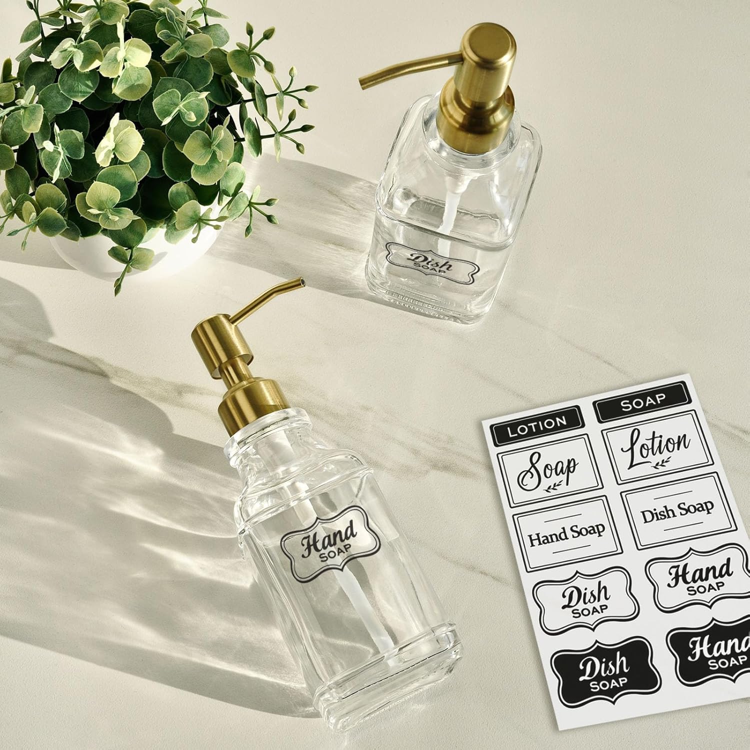 JASAI Antique Square Glass Soap Dispenser with Golden Rust Proof Pump, Refillable soap Dispenser