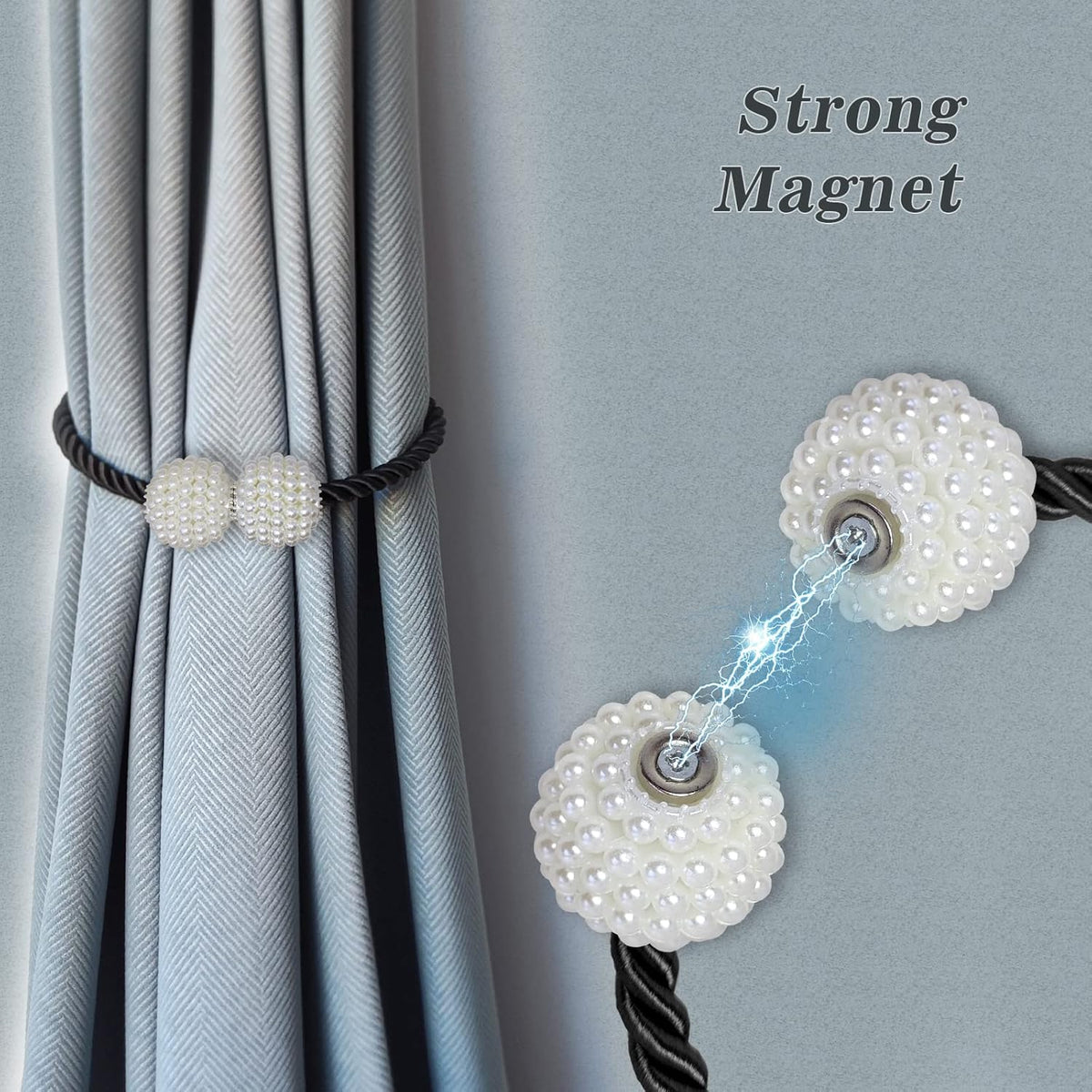 Hion Magnetic Curtain Tiebacks Gray Blue 6 Pack, Curtain Tiebacks Buckles Holdbacks Holders Hooks