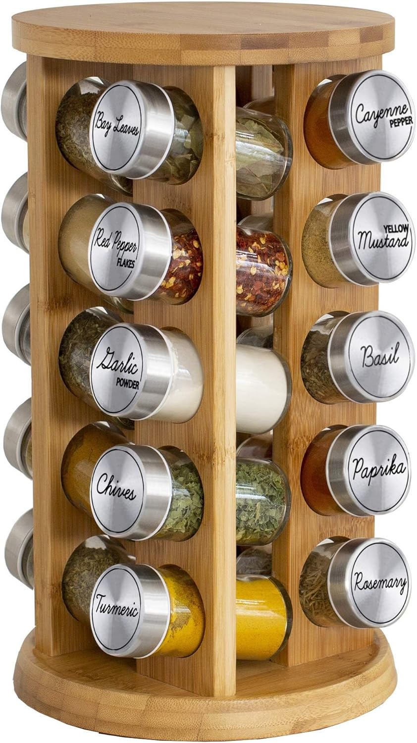 Orii 20 Jar Bamboo Spice Rack with Spices Included - Rotating Tower Organizer for Kitchen Spices