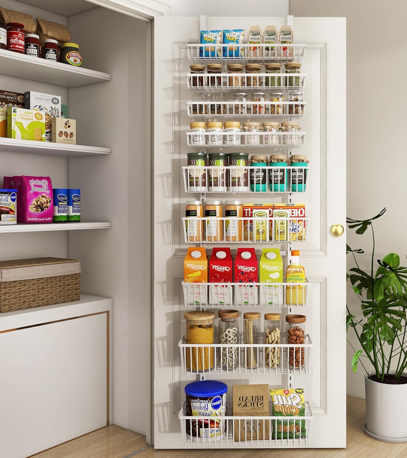 White 9-Tier Over The Door Pantry Organizer, Pantry Organization and Storage, Deep Baskets Hanging
