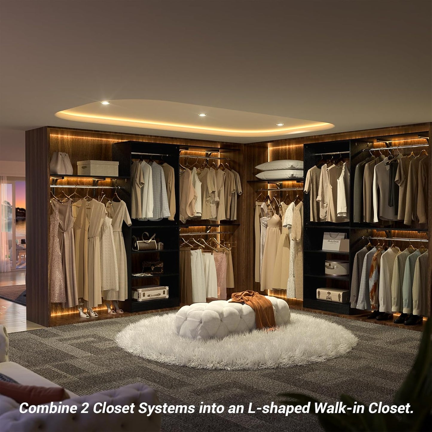 8FT Closet System with Shelves, 96'' Closet Organizer System with 3 Hanging Rods, Wall Mount