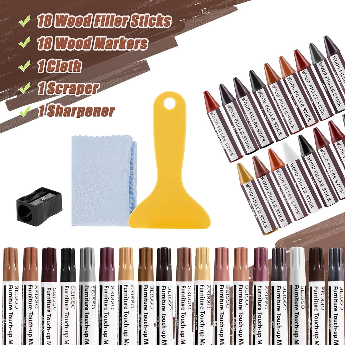 SEISSO 18 Colors Wood Wax Sticks ＆ Wood Markers Furniture Repair Kit - Set of 39 - Wood Floor