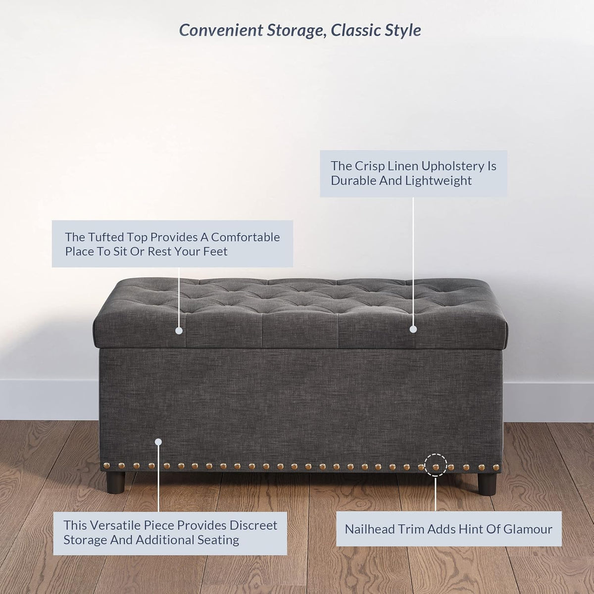 BELLEZE 35" Tufted Ottoman, Storage Bench with Safety Close Hinge, Ottoman with Storage for Living