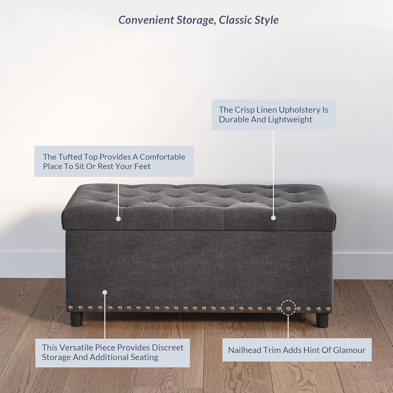 BELLEZE 35" Tufted Ottoman, Storage Bench with Safety Close Hinge, Ottoman with Storage for Living