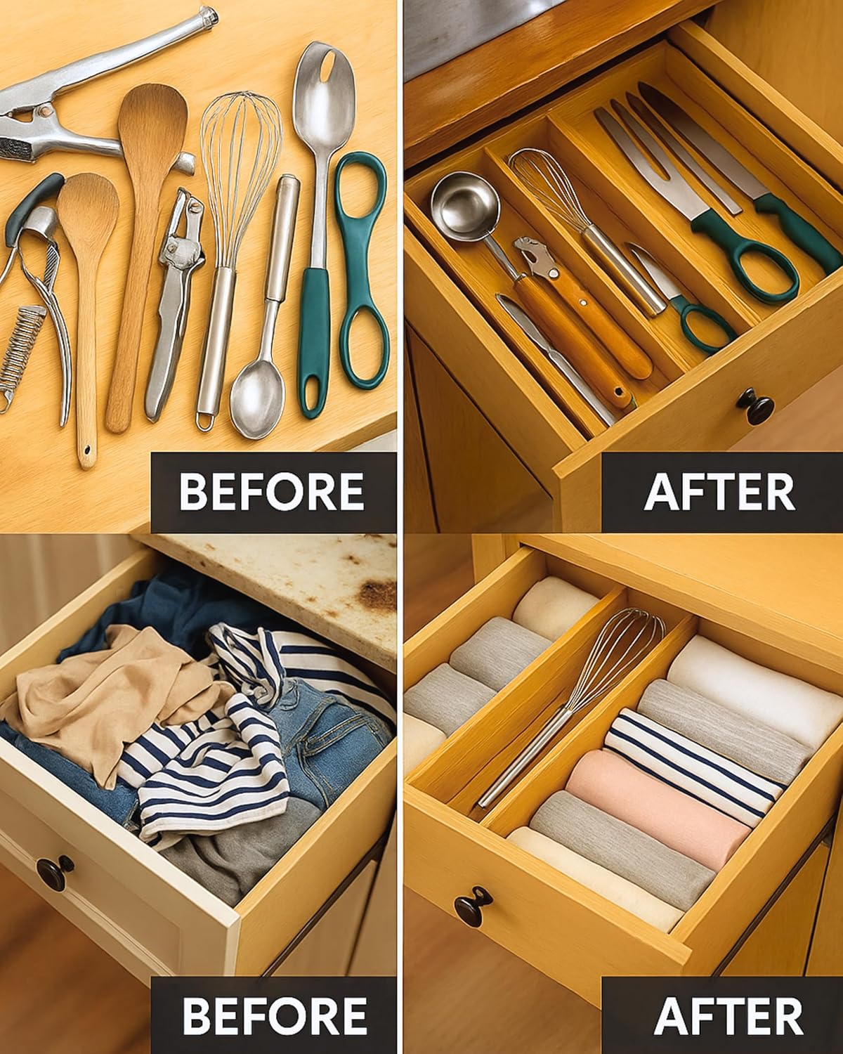 4 Pcs Bamboo Kitchen Drawer Dividers Large 14"-19", Spring Loaded, Works in Kitchen, Adjustable
