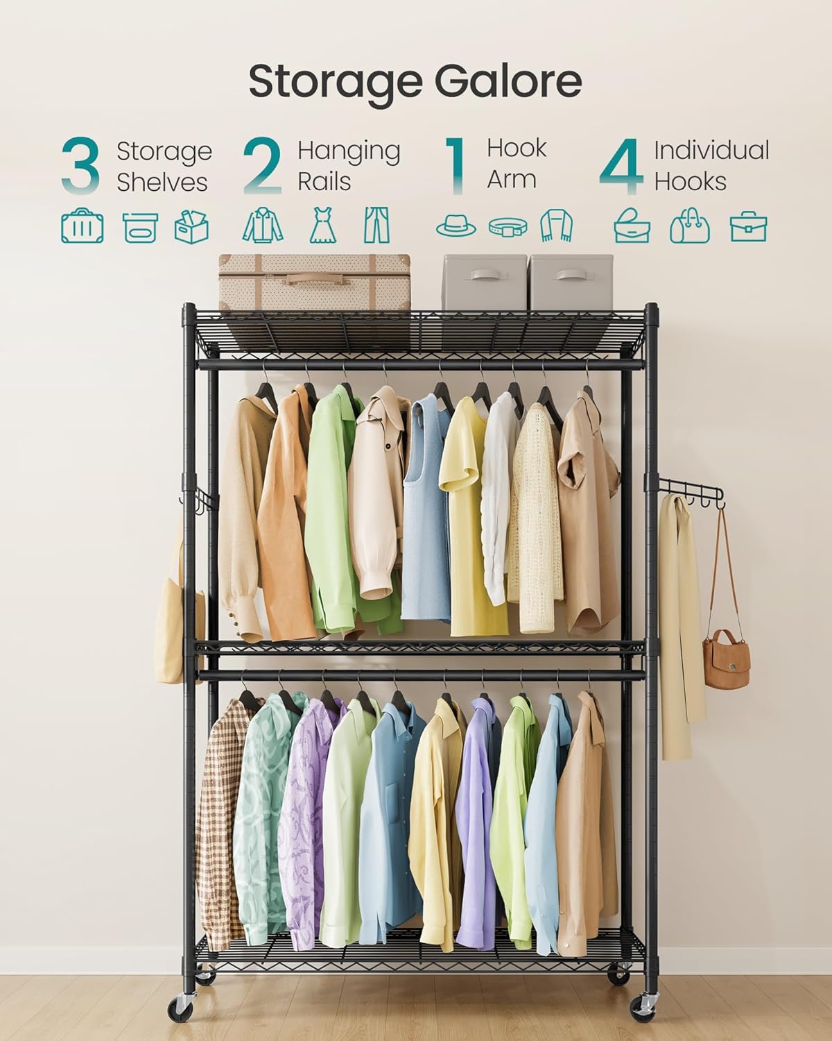 SONGMICS Heavy-Duty Rolling Clothes Rack, Garment Rack, Portable Closet, 43.3-Inch Wide Clothing