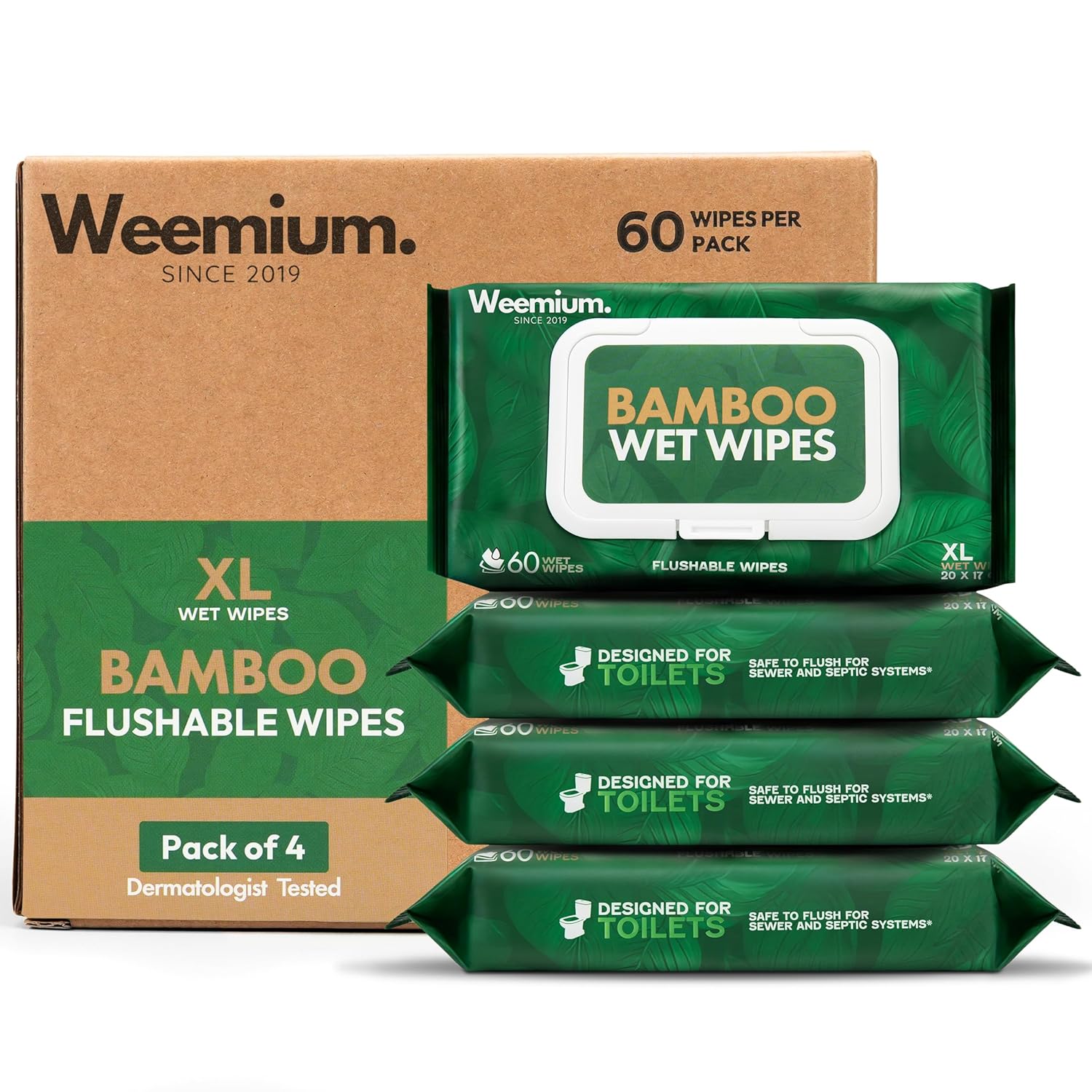 Weemium Bamboo Wipes – Pack of 4 (240 XL Flushable Wipes) – Organic, Tree-Free, FSC Certified &