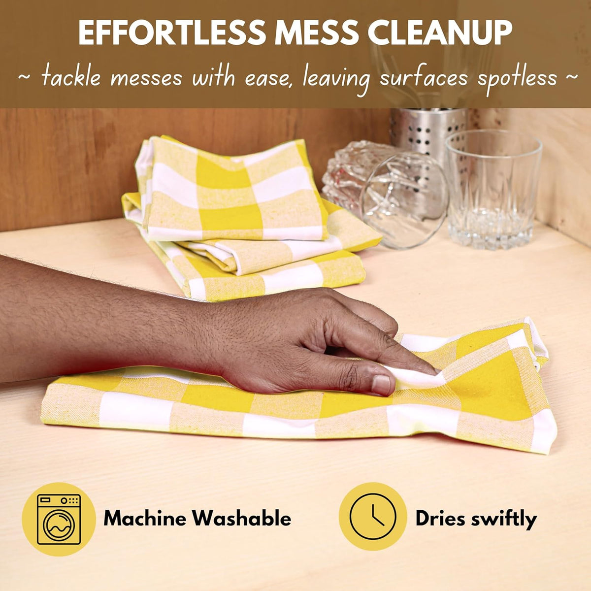 Native Fab Yellow Buffalo Dish Towel 16"x26", Set of 6 - Cotton Plaid Towels, Soft Absorbent