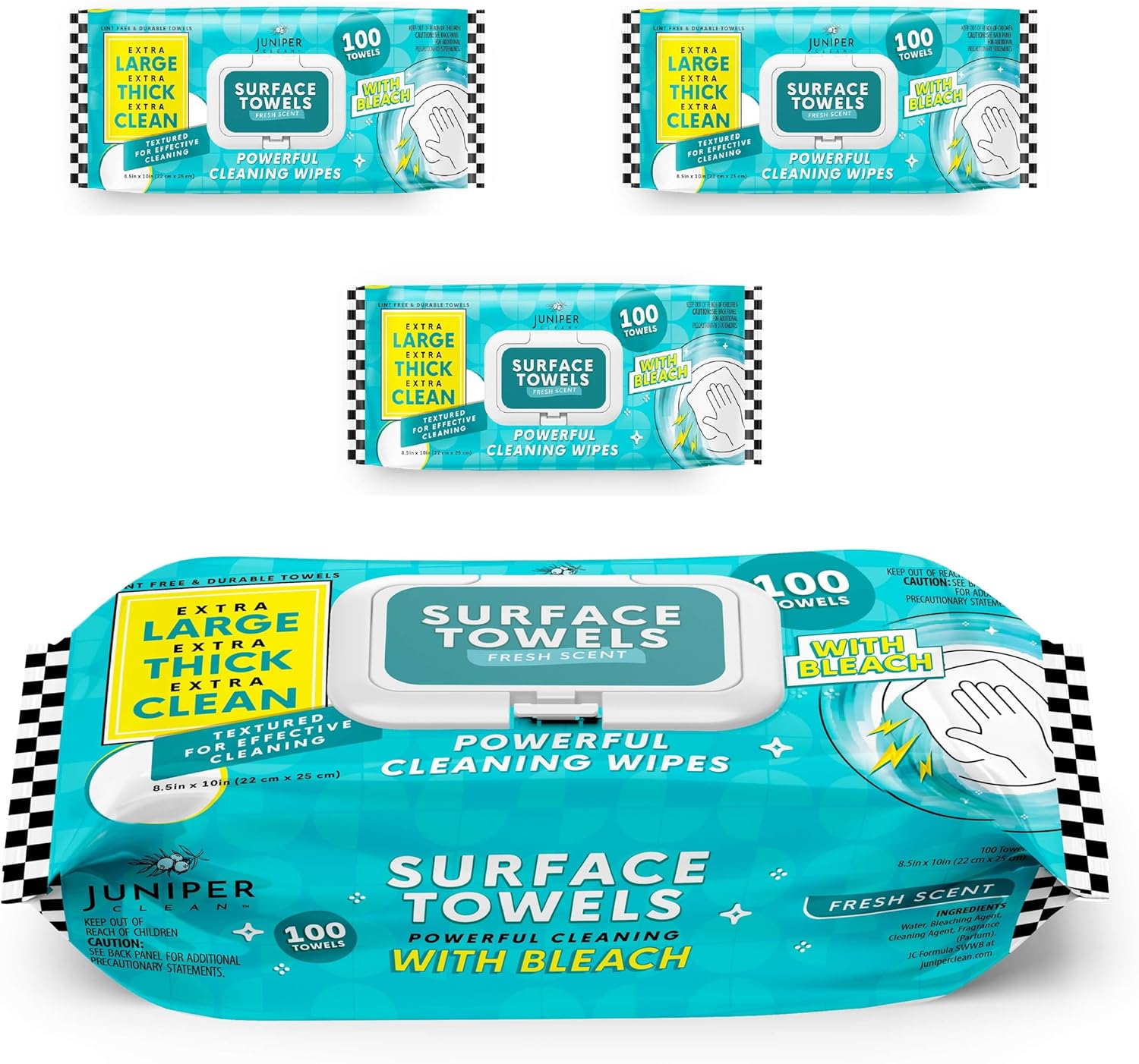 3 Packs Surface Wipes with Bleach, Thick & Large Dispose, All-Purpose Cleaner for Bathroom