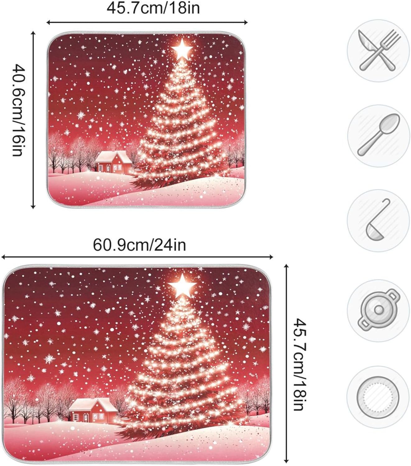 Christmas Tree Red Dish Drying Mat for Kitchen Countertop 18x24 Winter Snow Cabin Xmas Large Drying