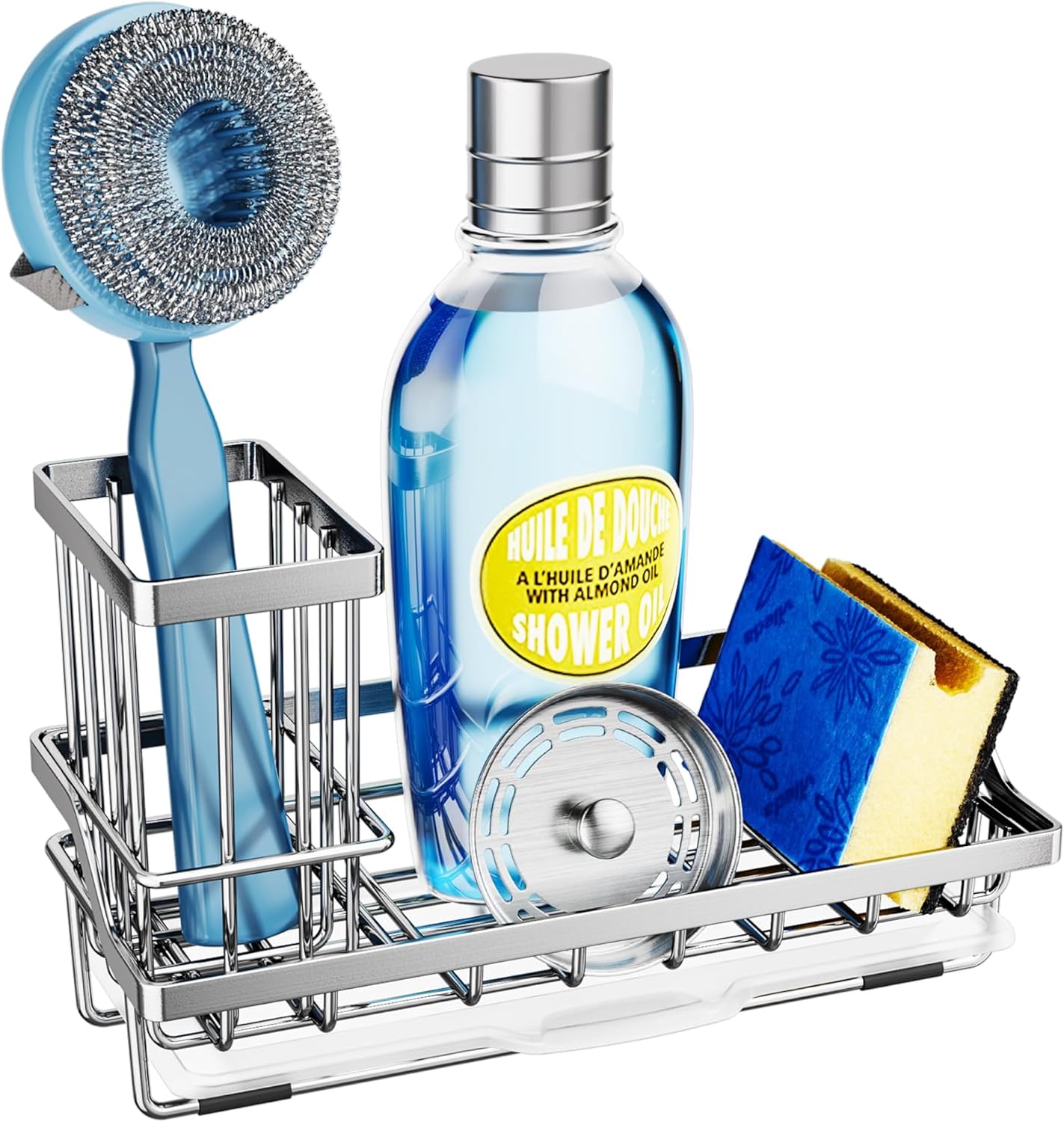 SWTYMIKI Kitchen Sink Caddy Sponge Holder, Kitchen Sink Organzier and Storage with High Brush