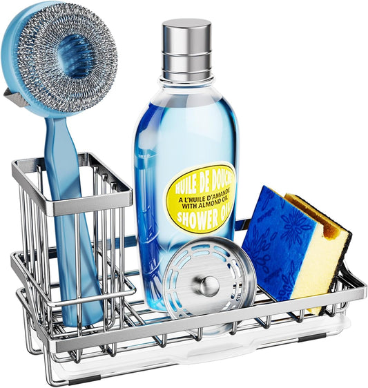 SWTYMIKI Kitchen Sink Caddy Sponge Holder, Kitchen Sink Organzier and Storage with High Brush