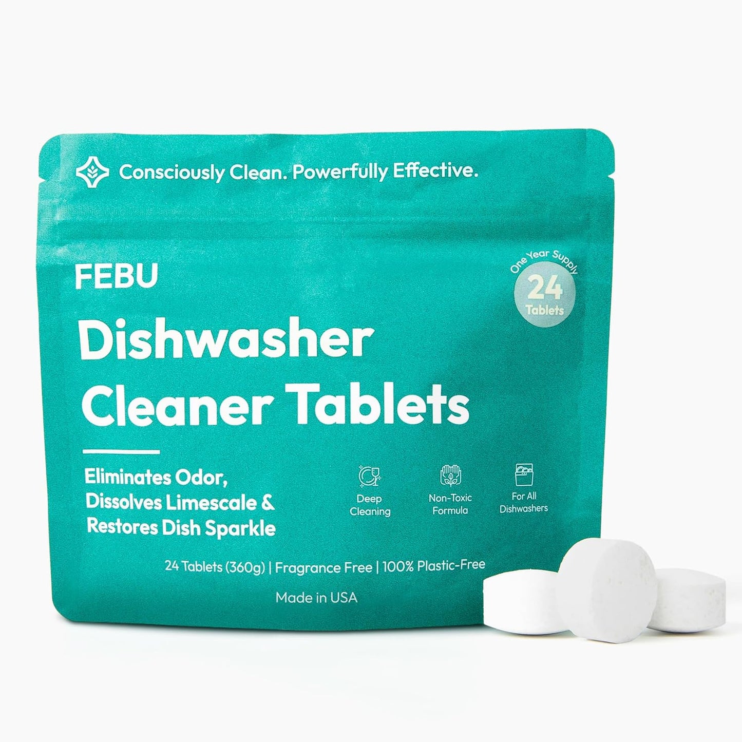 FEBU Dishwasher Cleaner Tablets Made in USA | Natural Dishwasher Cleaner and Deodorizer |