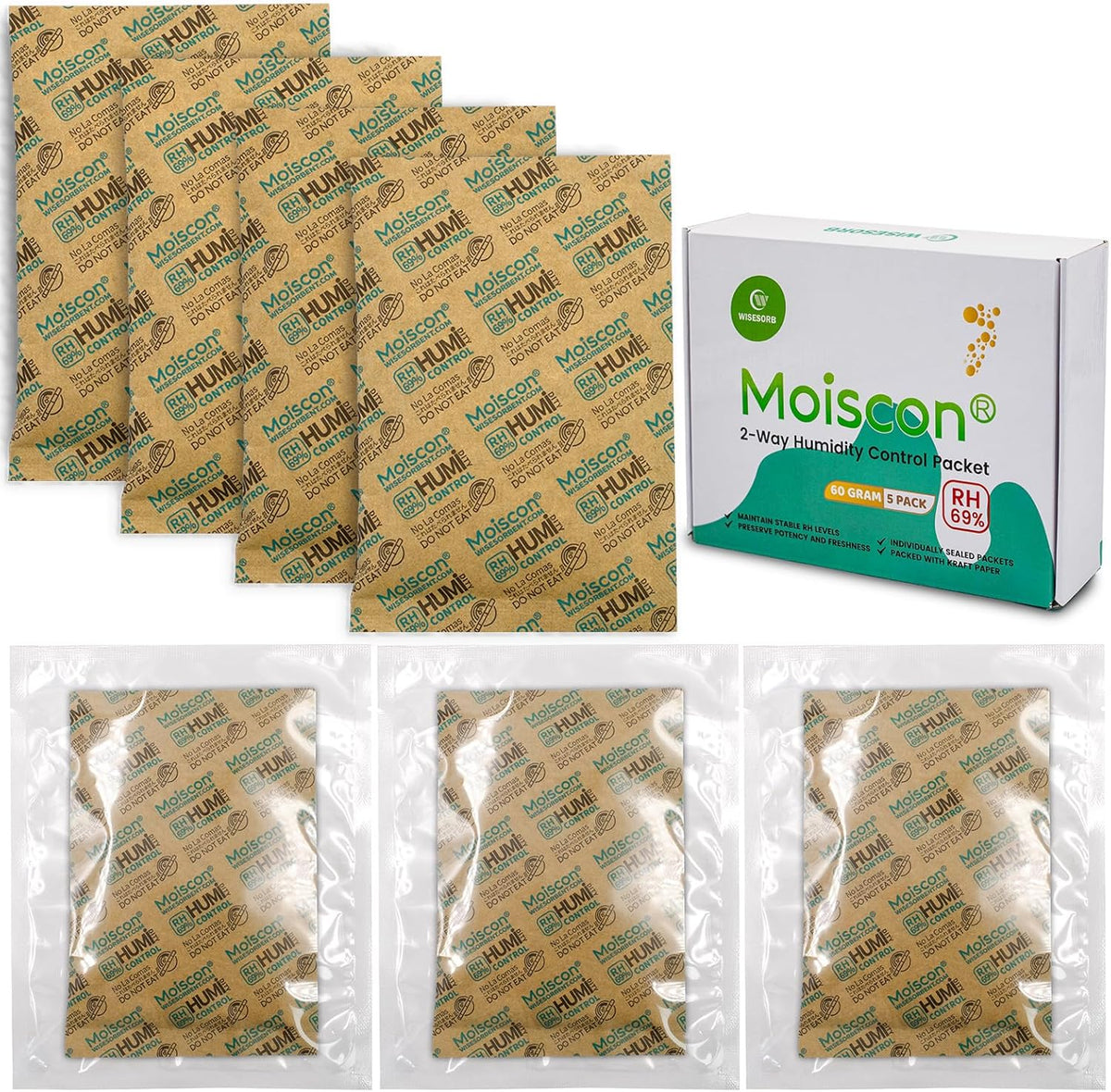 60 Gram 5 Pack 69% Two-Way Humidity Control Packs, Size 60 for Plastic Travel Case & Zip Lock Bags