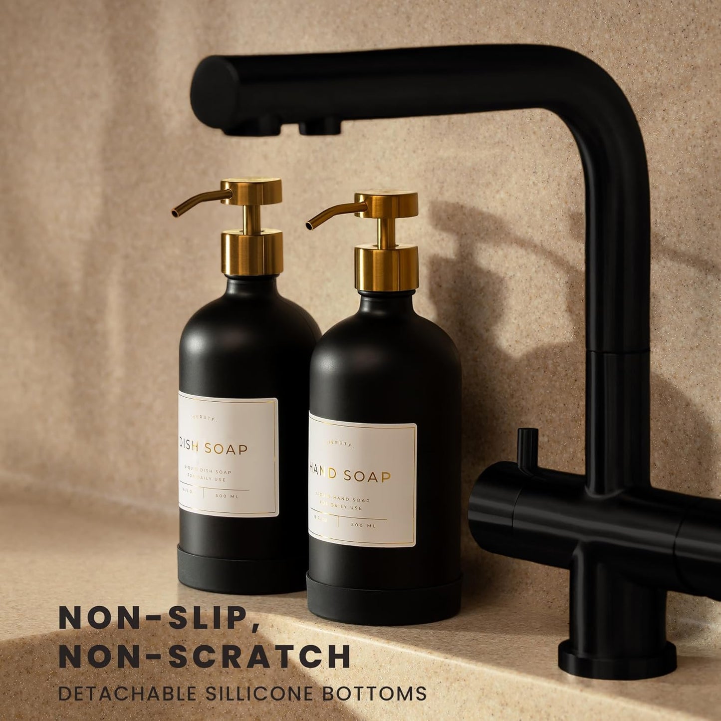 16oz Glass Soap Dispenser with Stainless Steel Pump, 21 Waterproof Labels, Non-Slip Protective