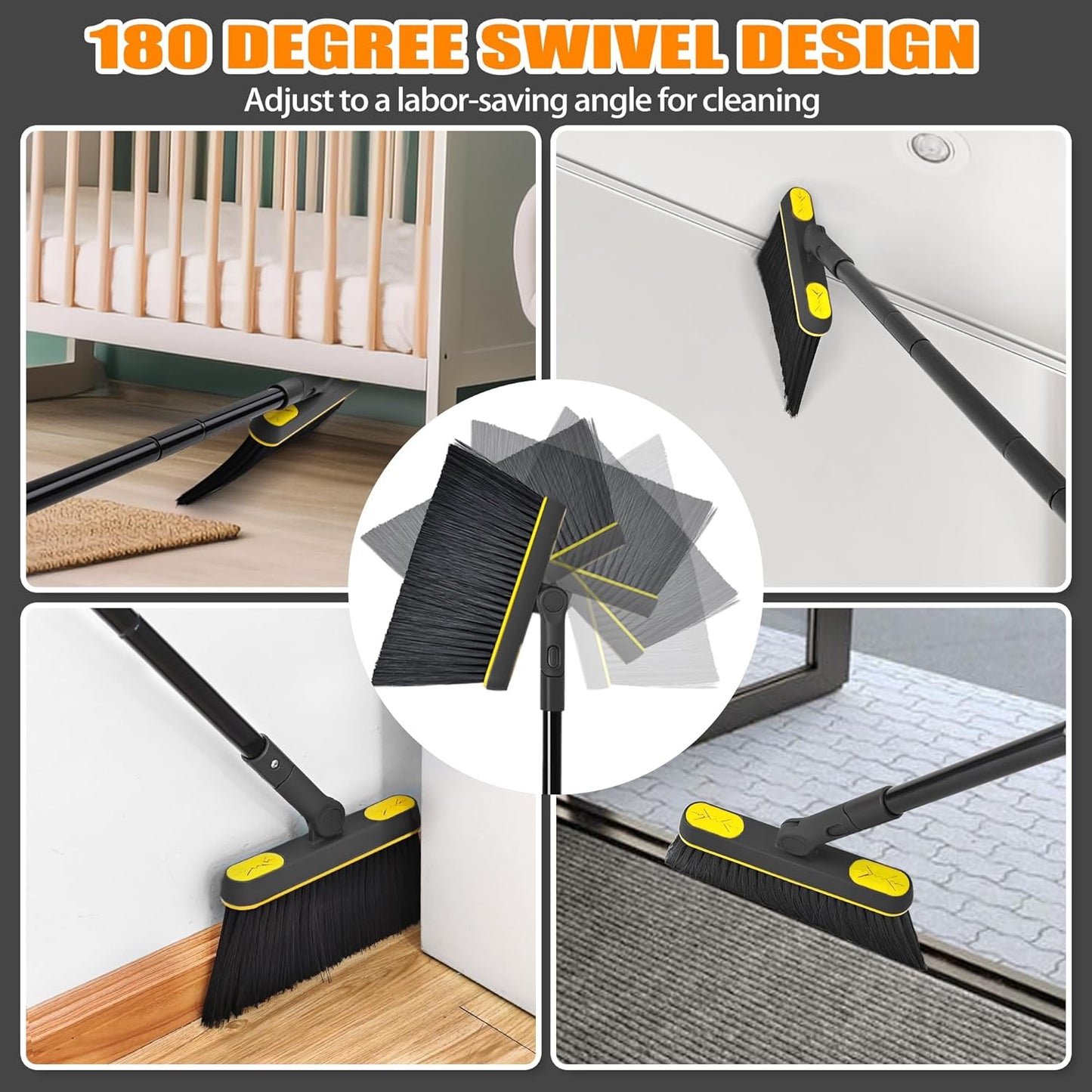 JEHONN Broom and Dust Pan, 54.3 inches Long Handle Swivel Brush, Upright Foldable Dustpan with Comb