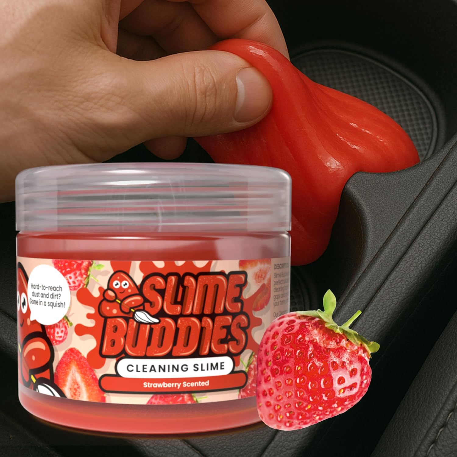 Slime Buddies Car Cleaning Gel Putty - Strawberry Scented Interior Detailing Tool for Cup Holders