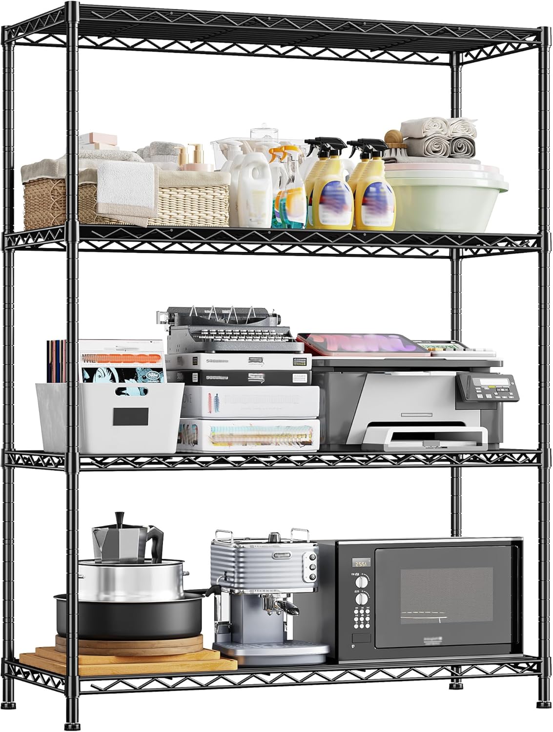 4- Shelf Metal Shelving Unit Adjustable Storage Shelves Heavy Duty Garage Shelving Steel Wire