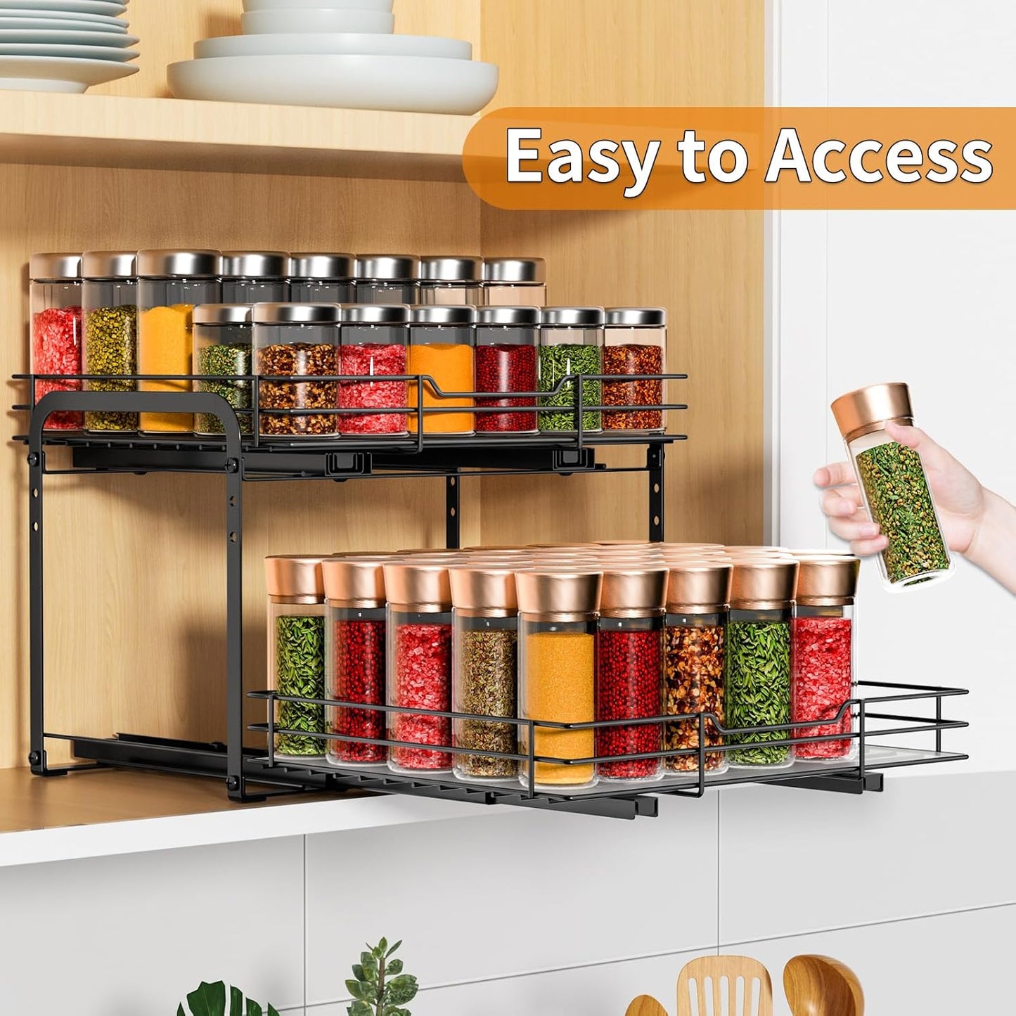 RCHYFEED Spice Rack Organizer for Cabinet, 2 Tier Slide out Spice Organization for Inside Cabinets