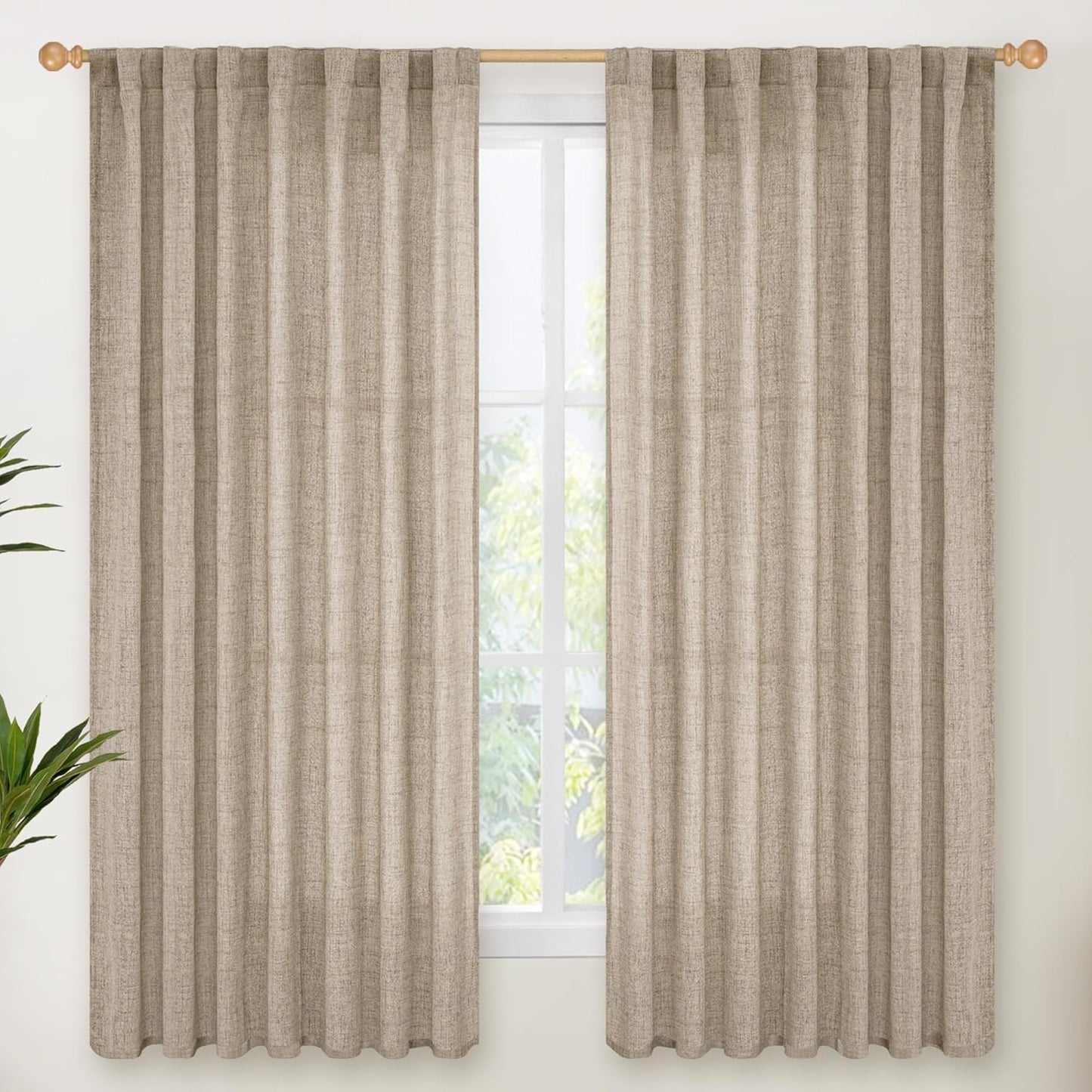 YoungsTex Dark Oatmeal Linen Curtains 63 Inch Length for Living Room, Semi Sheer Light Filtering