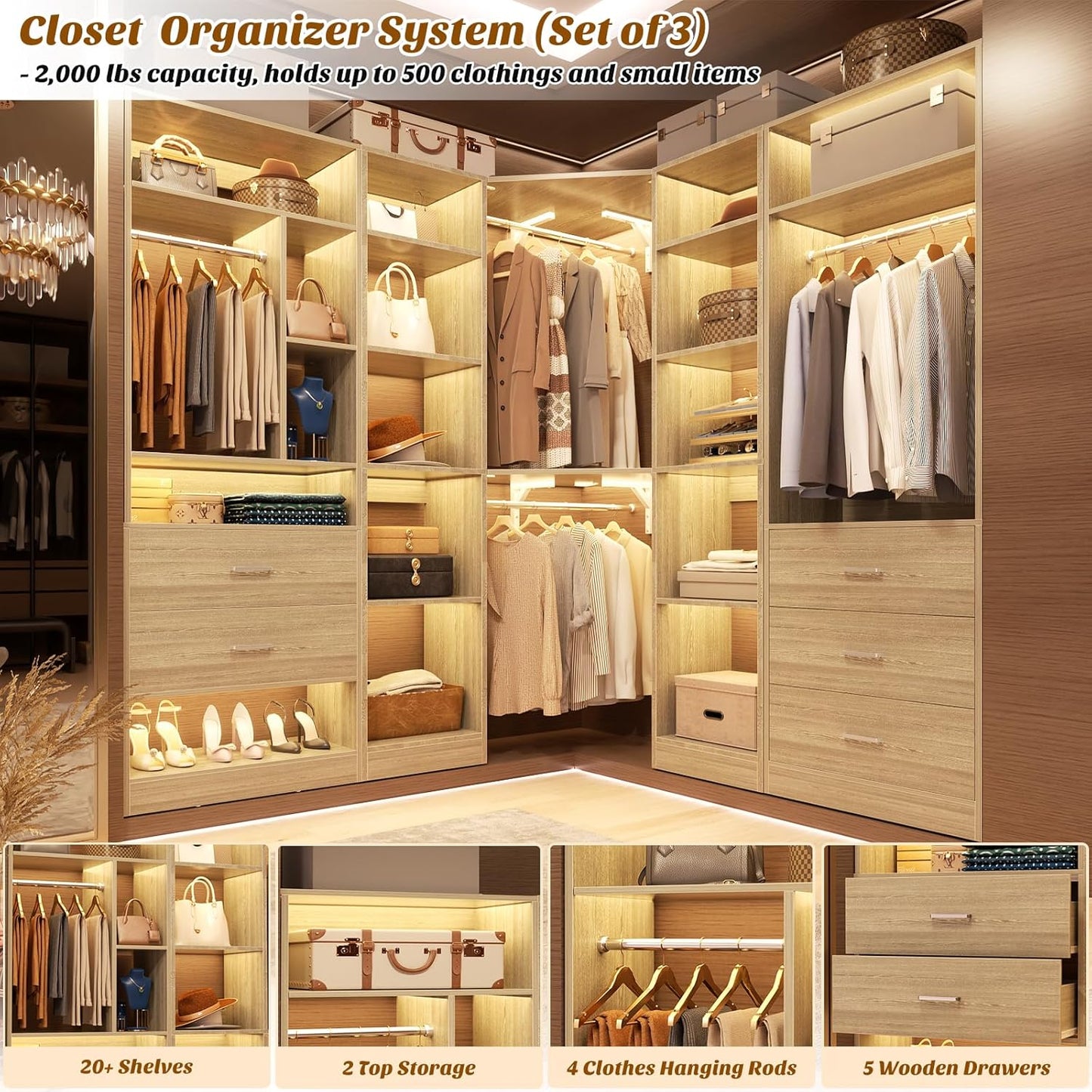 Corner Closet System with 5 Drawers, Closet Organizer System with 15+Shelvess & 4 Hanging Rods