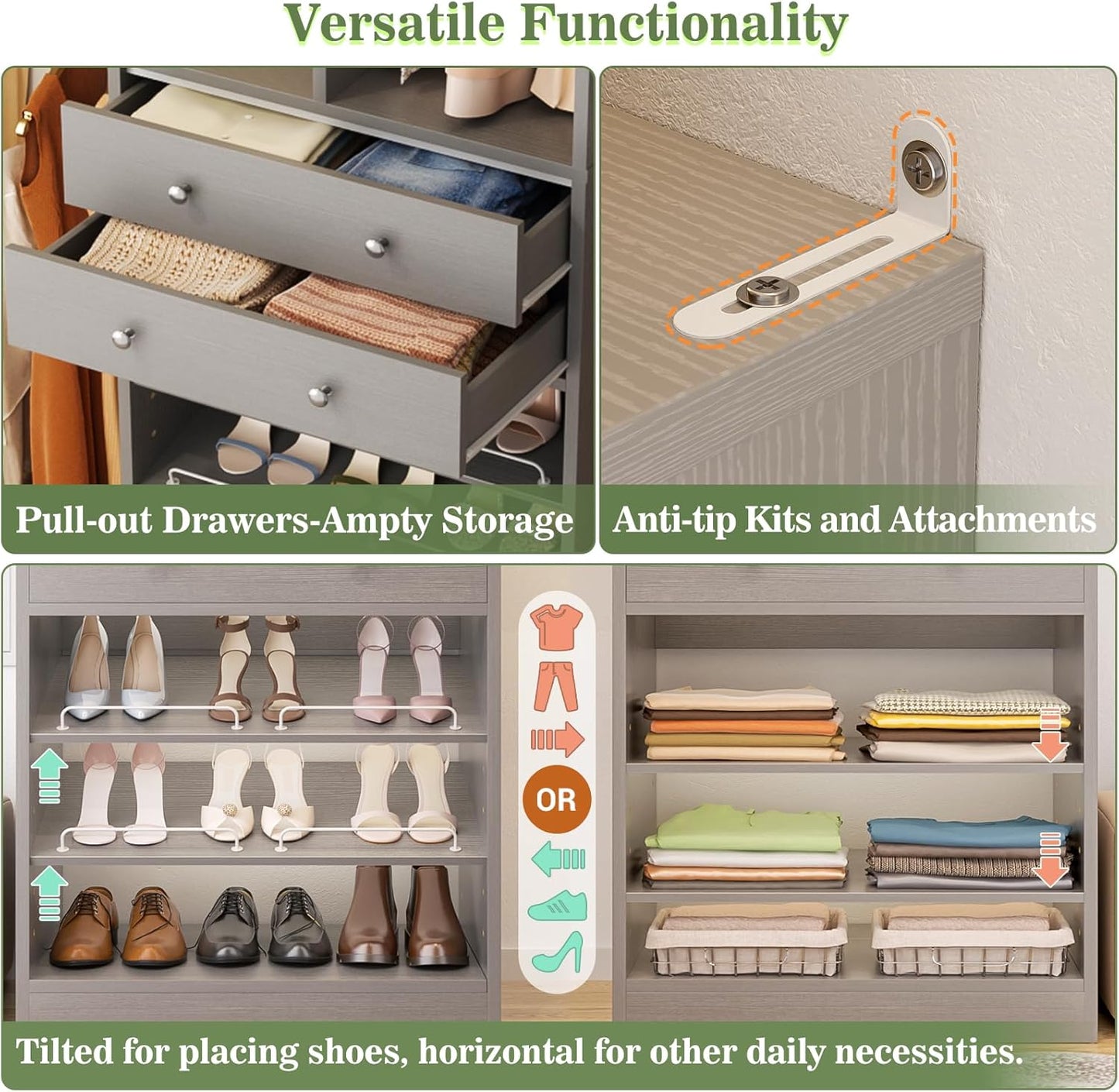 Closet System, Up to 134"/11.2 FT Closet Organizer with 4 Wooden Drawers and Shelves, Walk-in