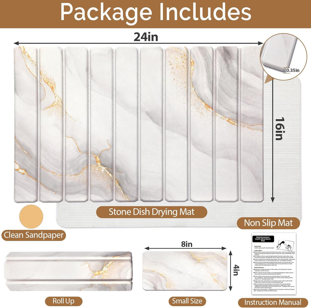 2 PCS Large Stone Dish Drying Mat for Kitchen Counter,Quick Dry Stone Dishes Mats,Marbled Water