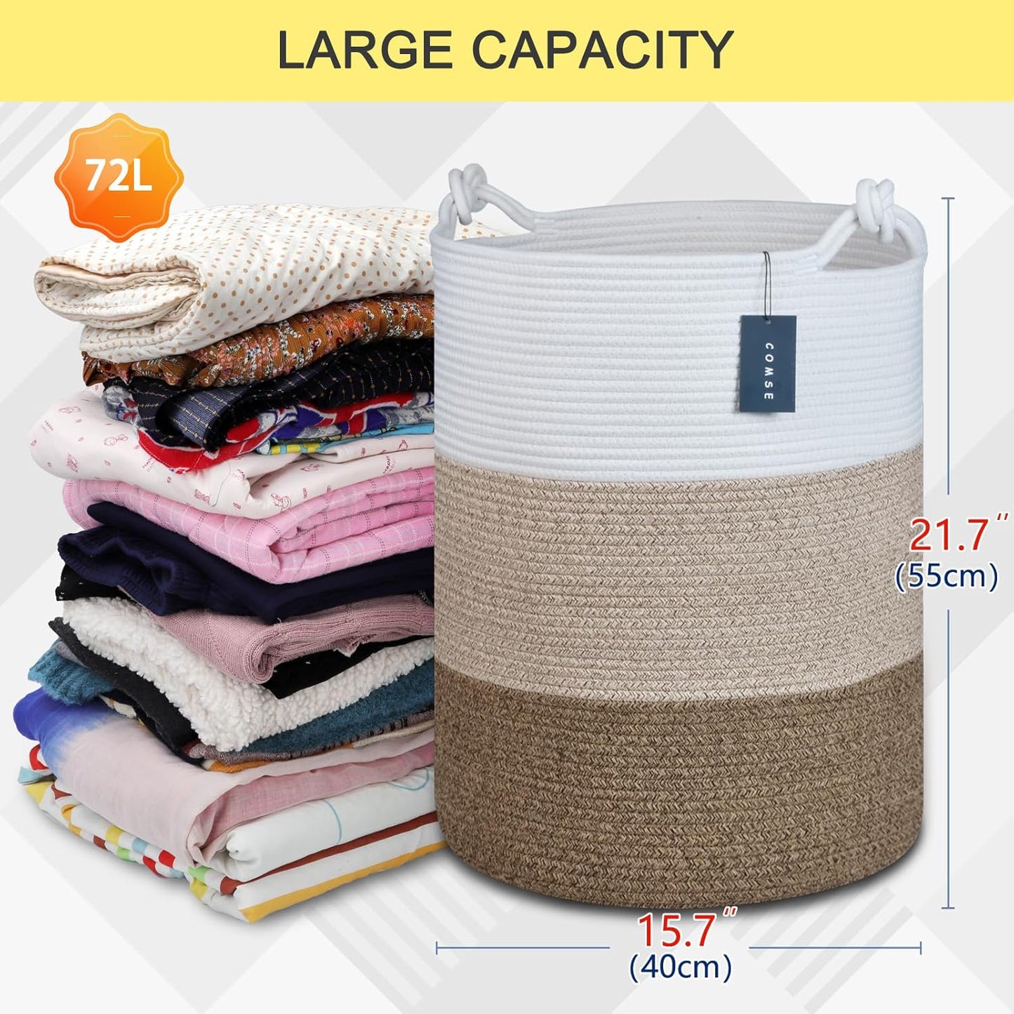 COMSE Extra Large Blanket Basket, Tall Woven Storage Basket, Nursery Hamper, 15.7”x 21.7”, Cotton