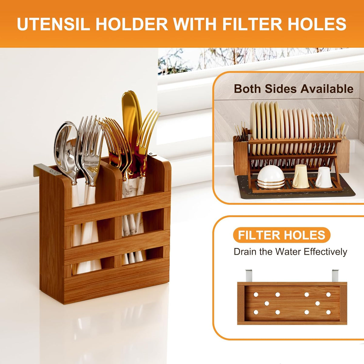 Greenual Teak Dish Drying Rack with Utensil Holder, 3 Tier Collapsible Dish Rack, Wooden Dish Racks