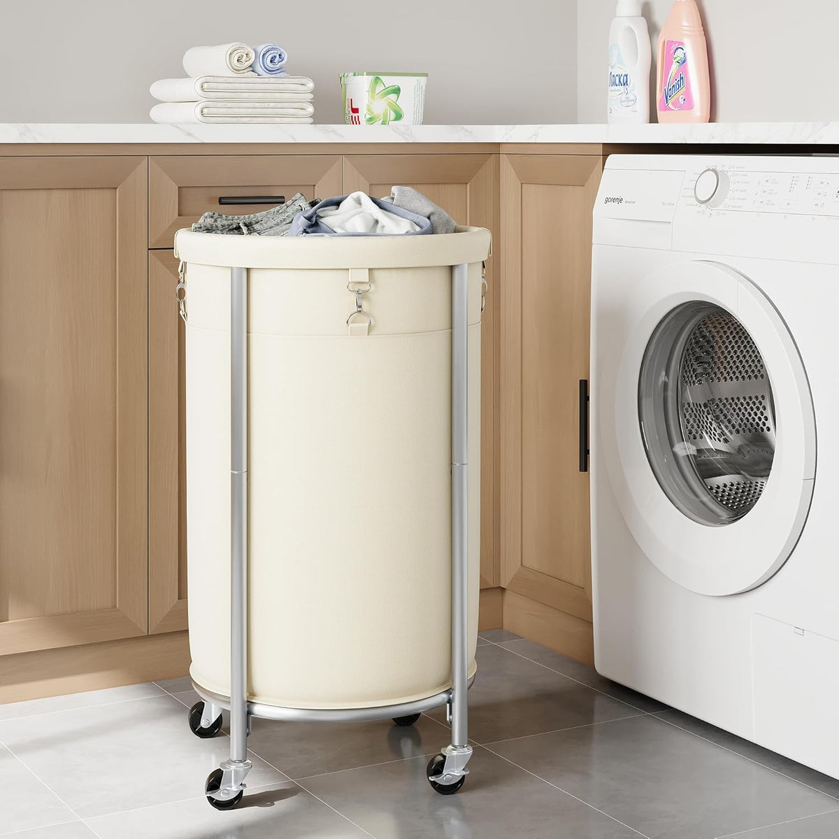 ELYKEN Laundry Hamper with Wheels, 110L Rolling Laundry Basket, Round Laundry Cart with Steel Frame