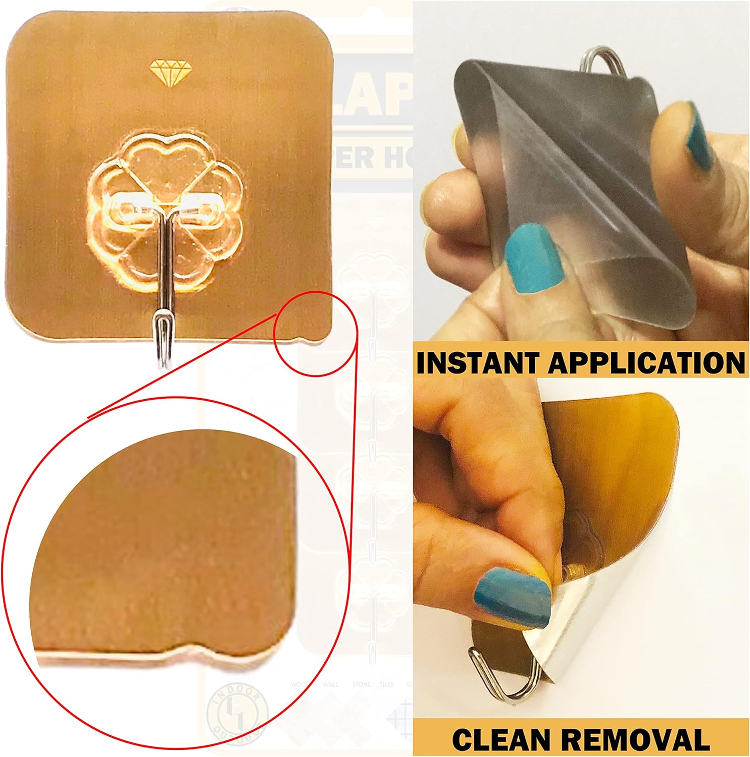 KLAPiT Super Hook - Heavy-Duty Adhesive Gold Wall Hooks, Holds Up to 11 lbs, Waterproof, No Damage
