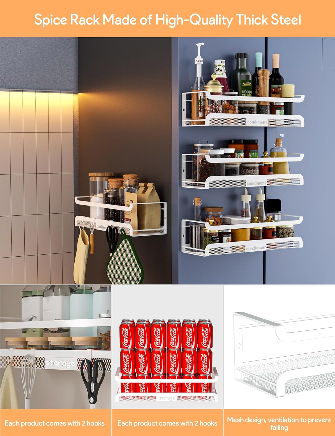 Spice Rack Wall Mount with Hooks - Spice Racks Organizer for Cabinet Storage, Wall Mounted Hanging