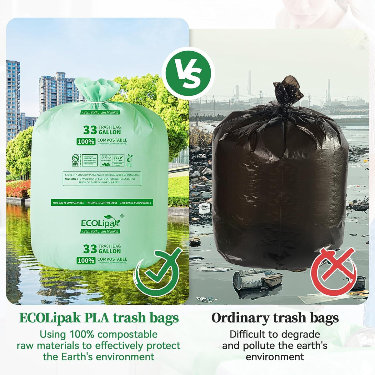ECOLipak 33 Gallon Compostable Trash Garbage Bags, 50 Count (2 Rolls) Biodegradable Heavy Duty
