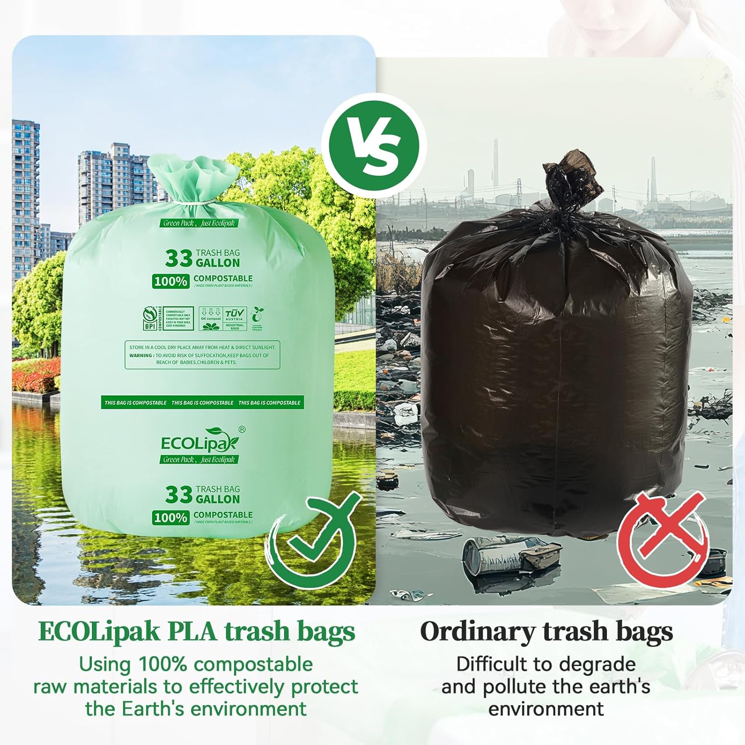 ECOLipak 33 Gallon Compostable Trash Garbage Bags, 25 Count (1 Roll) Biodegradable Heavy Duty Large