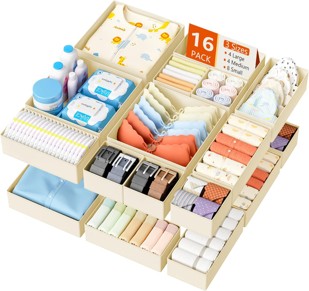 DIMJ Drawer Organizer Clothes - 16 Pack Baby Dresser Organizer for Nursery, Foldable Drawer