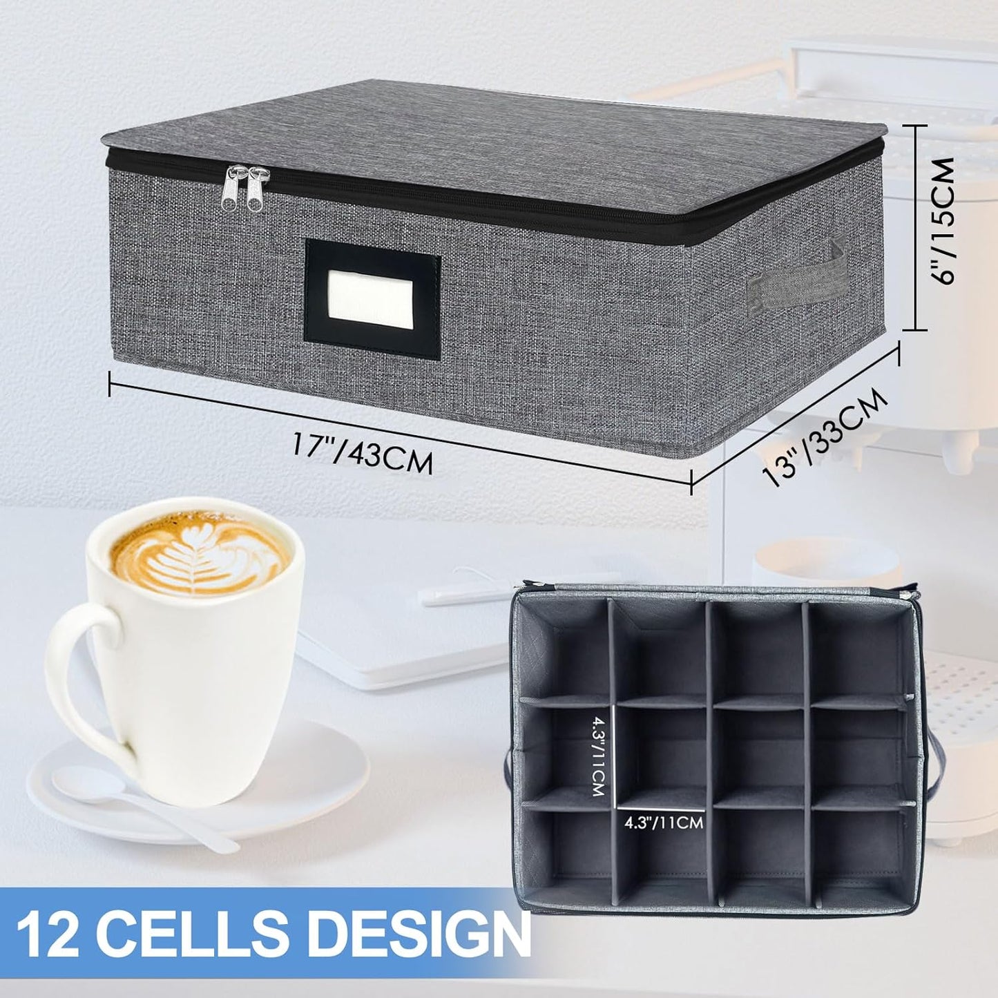 homyfort Mug Coffee Storage Box with Dividers - Stackable Glass China Storage Containers Hard Shell