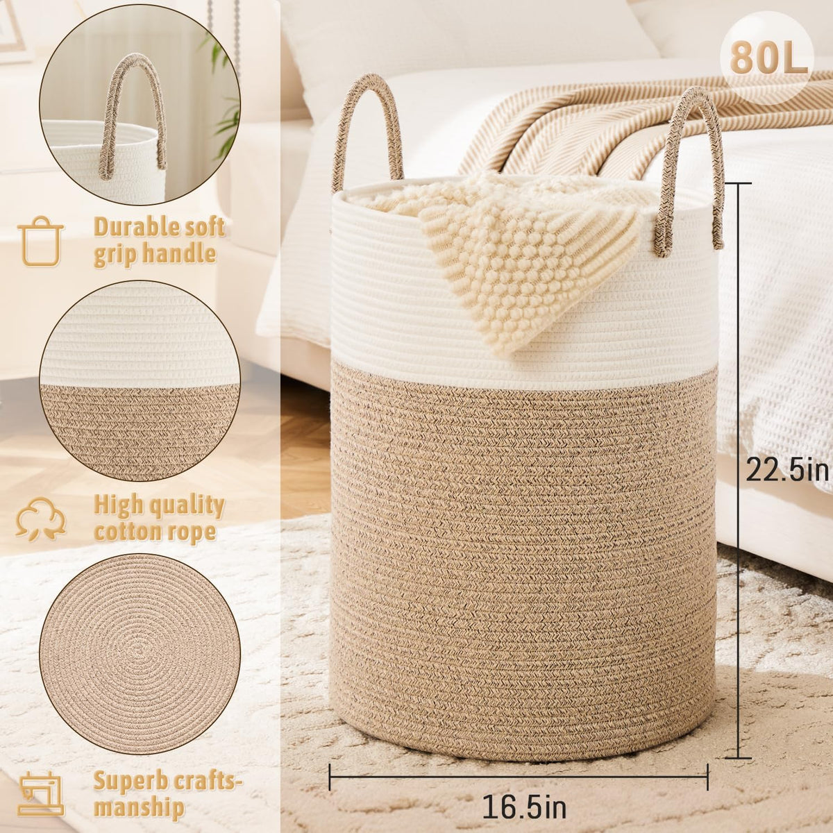 Laundry Basket,Woven Cotton Rope Laundry Hamper,80L for Decorative Storage of Dirty Clothes,Toys