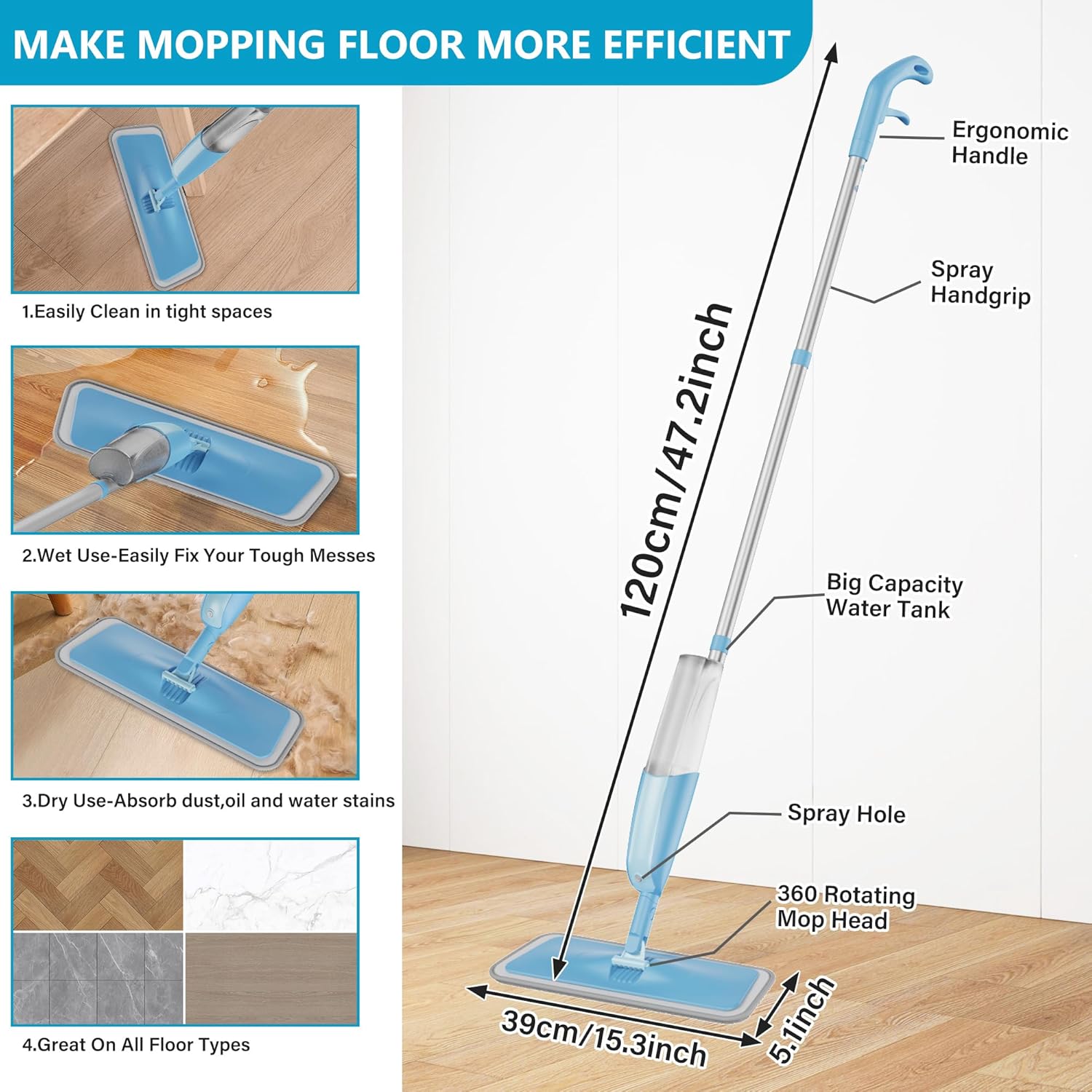 Spray Wet Mops for Hardwood Floors- MEXERRIS Microfiber Dust Dry Mop with 3 Microfiber Washable