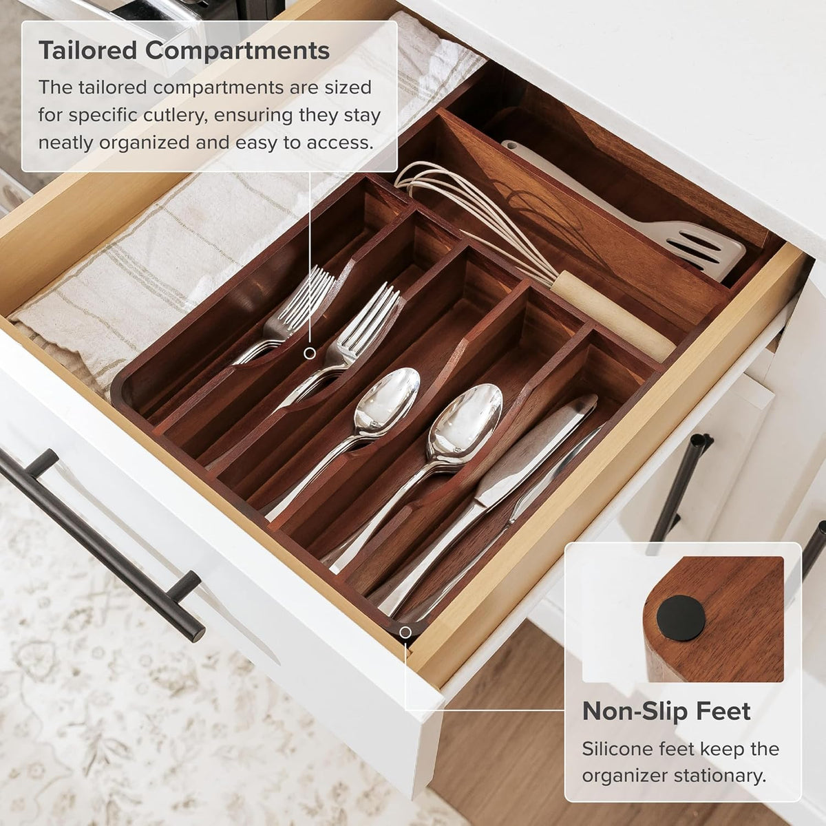 KitchenEdge Silverware Organizer - Cutlery, Flatware, and Utensil Holder for Kitchen Drawers, Fixed